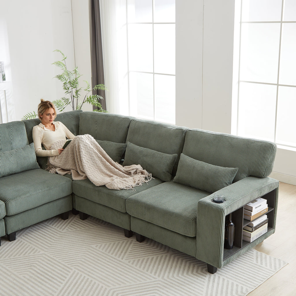 102.75*102.75' L-Shaped Modular Sectional Sofa, Modern Corduroy Sectional Sofa, Arm with Storage With Cup Holder 5-Seat Convertible Sectional Sofa for Living Room, Bedroom, Lounge and Projection Room