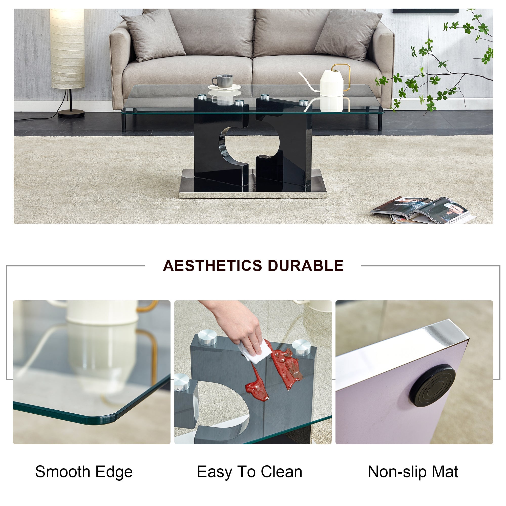 A rectangular modern and fashionable coffee table with tempered glass tabletop and black MDF legs. Suitable for living room.47.2"*25.5"*18"