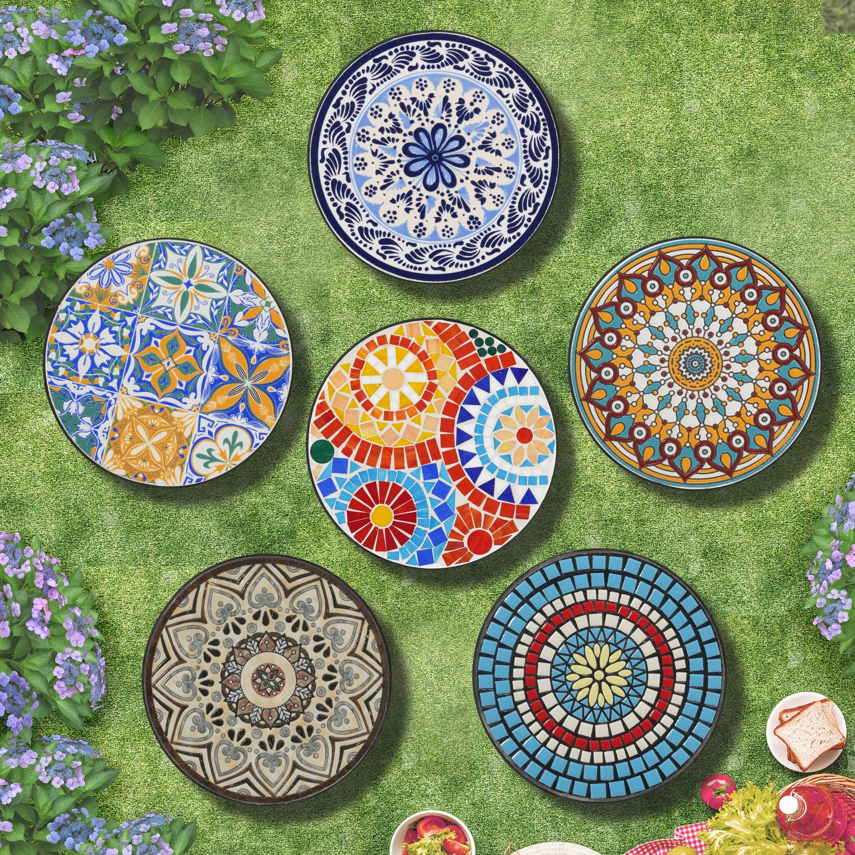 Vibrant French Country Round Ceramic Outdoor Side Table Black Ceramic Tile 14x14x22.44 inches