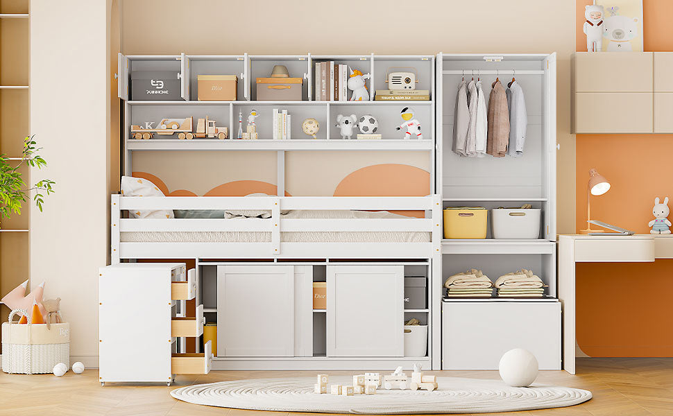 Twin Size Wooden Loft Bed Big Storage with Under-bed Desk, with Drawers, with Shelves, White