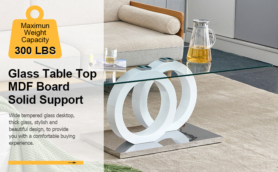 Rectangular modern and fashionable coffee table with tempered glass tabletop and white legs. Suitable for living room.47.2"*25.4"*17.9"