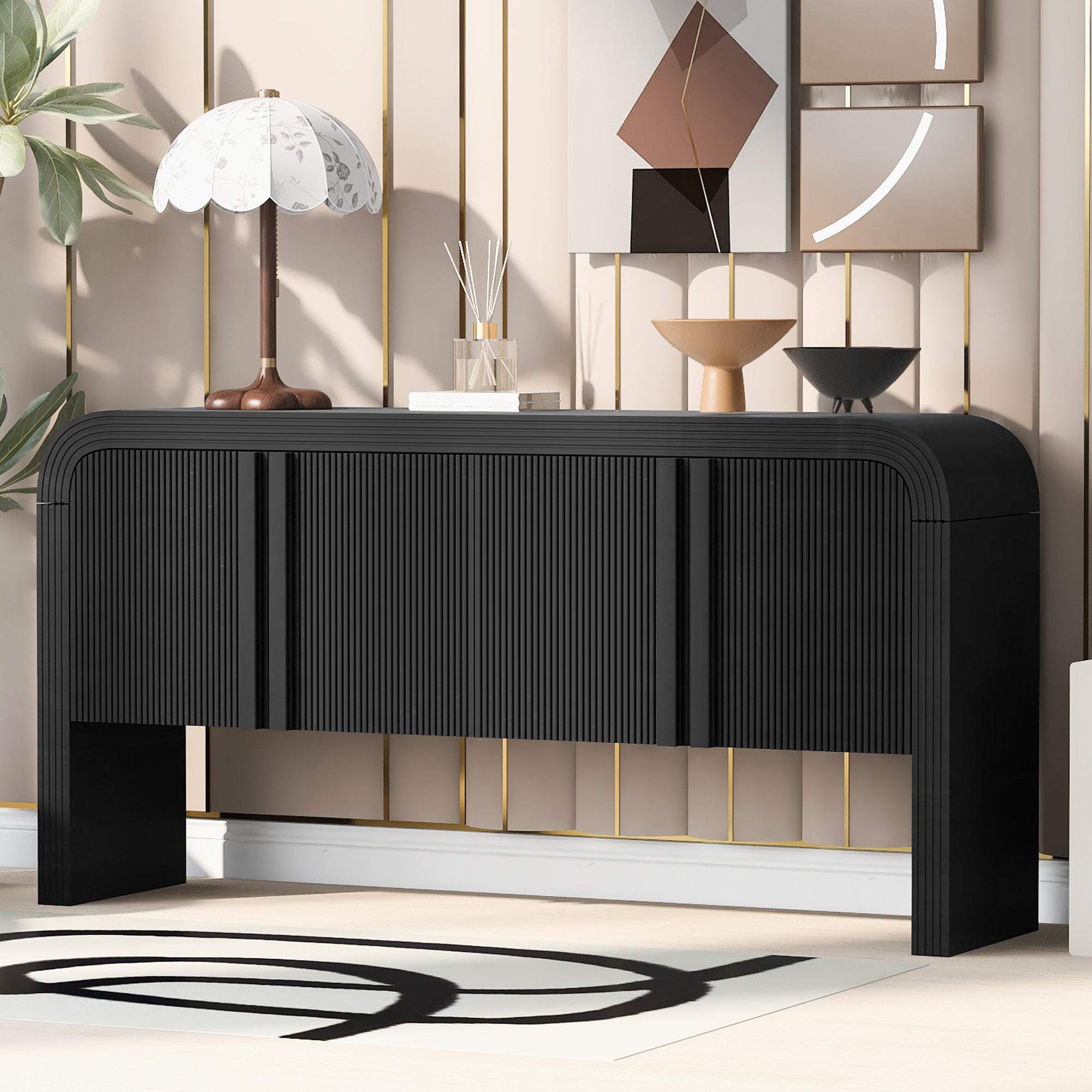 U_STYLE 63-Inch Wave-Pattern Console Table with 4 Doors and Adjustable Shelf,Curved design Sofa Table Behind Couch,Rustic Narrow Entryway Table for Living Room, Foyer and Hallway