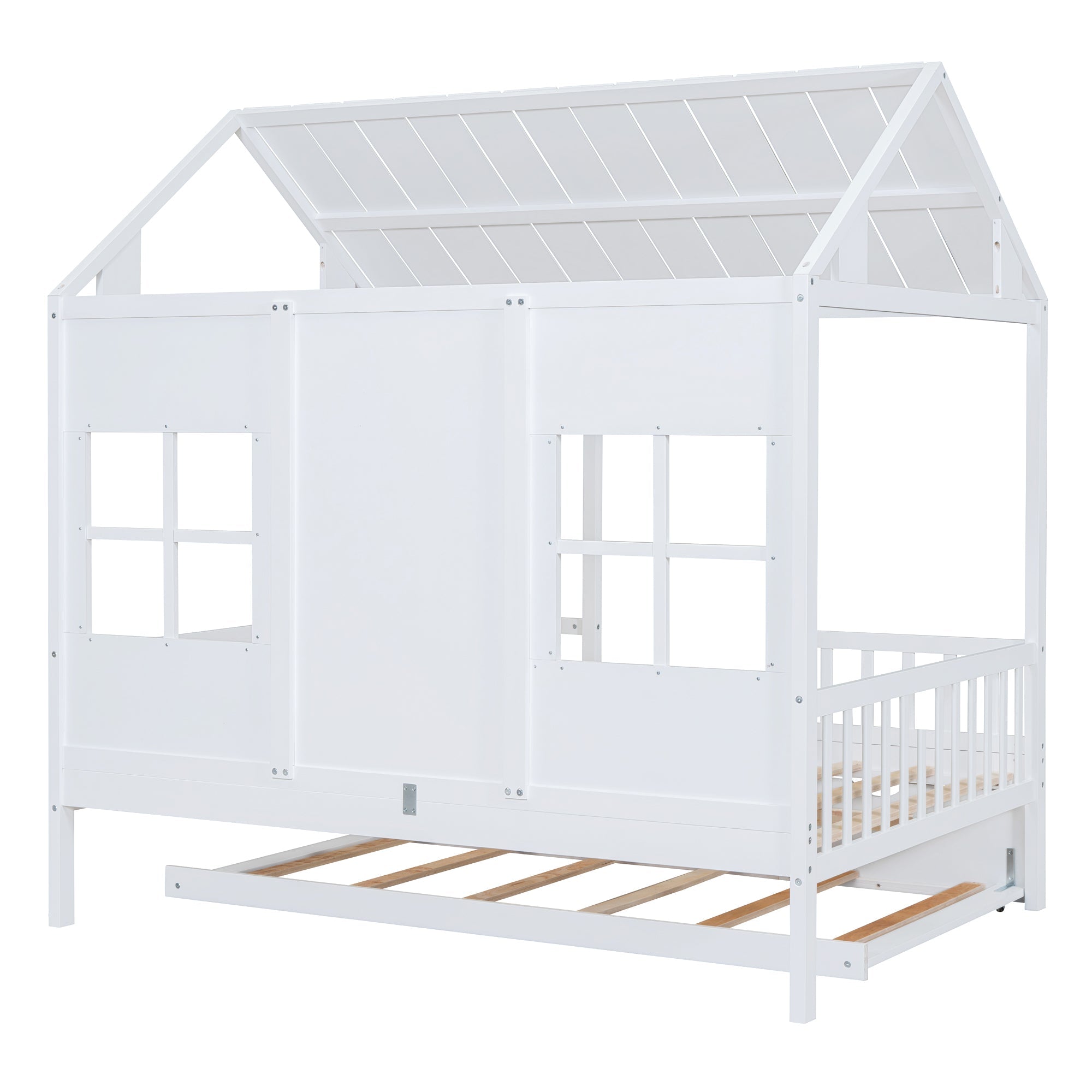 Full Size Wood House Bed With Twin Size Trundle, Wooden Daybed, White