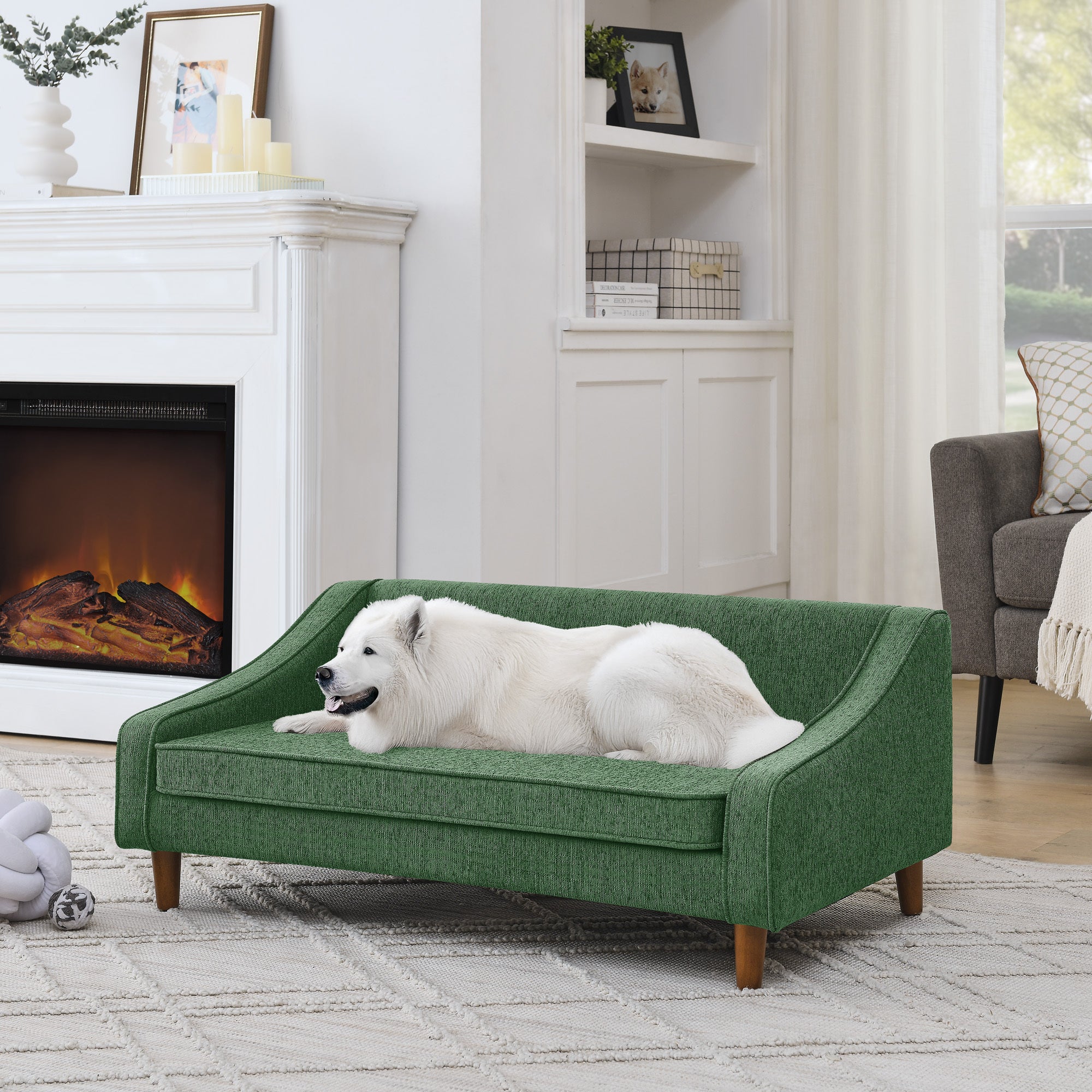 Durable Elevated Dog Sofa Bed,Pet sofa with modern irregular armrest design,Comfortable soft dog sofa-Green