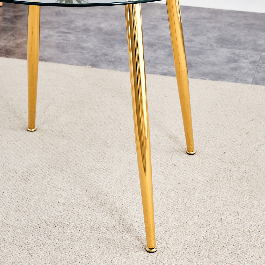 Round dining table with glass top, gilded metal legs, exquisite living, starting from the details, the gold legs show an extraordinary texture, which is the finishing touch to your home.36*36