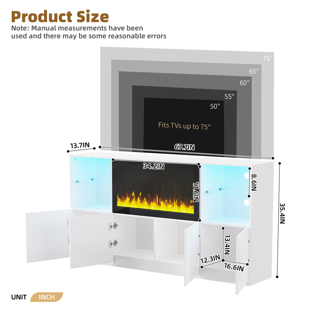 ON-TREND Modern TV Stand with 34.2' Non-heating Electric Fireplace, High Gloss Entertainment Center with LED Lights, Media Console with Tempered Glass Shelves for TVs up to 75', White