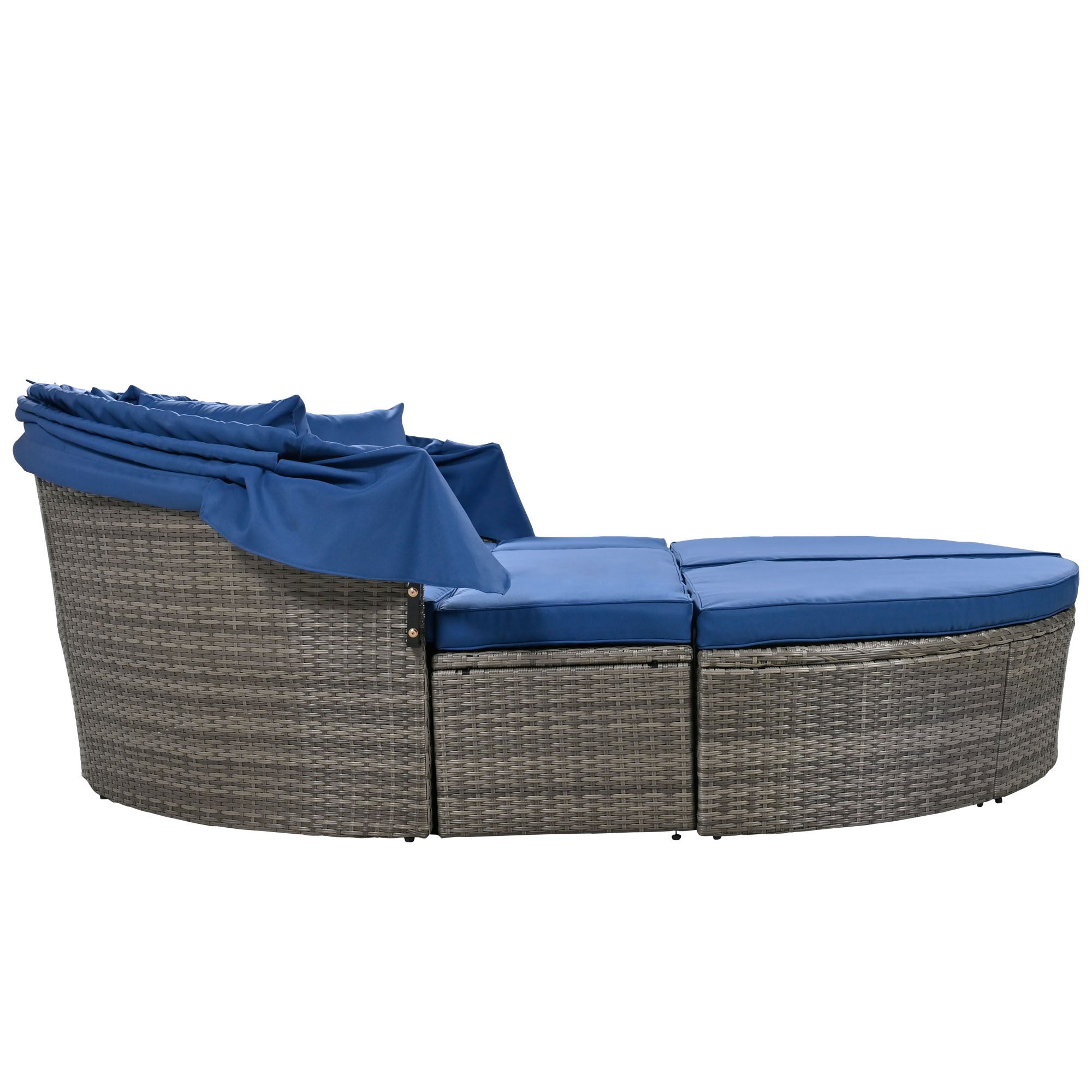 GO Outdoor rattan daybed sunbed with Retractable Canopy Wicker Furniture, Round Outdoor Sectional Sofa Set, Gray Wicker Furniture Clamshell Seating with Washable Cushions, Backyard, Porch, Blue