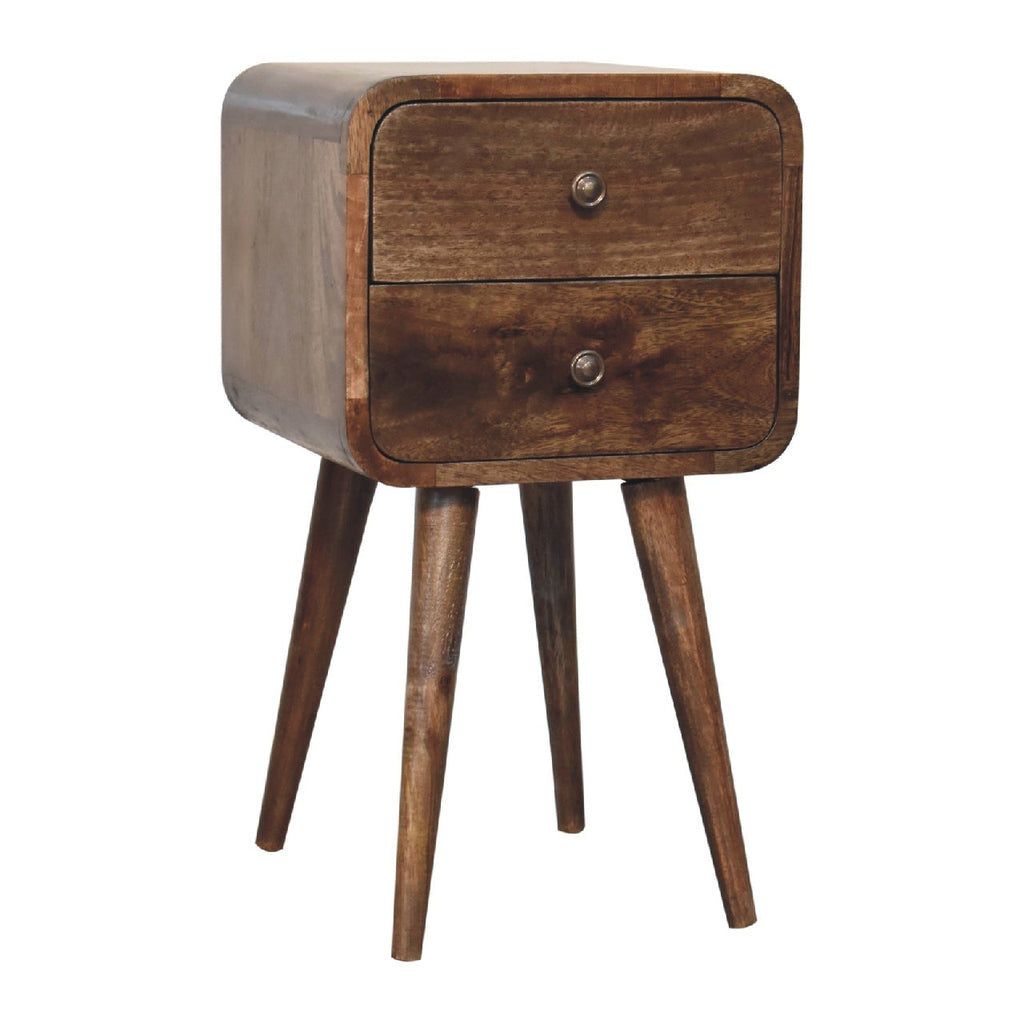 Solid Wood Mini Curved Grey Washed Nightstand, 2-Drawers, Nordic Legs, Brown