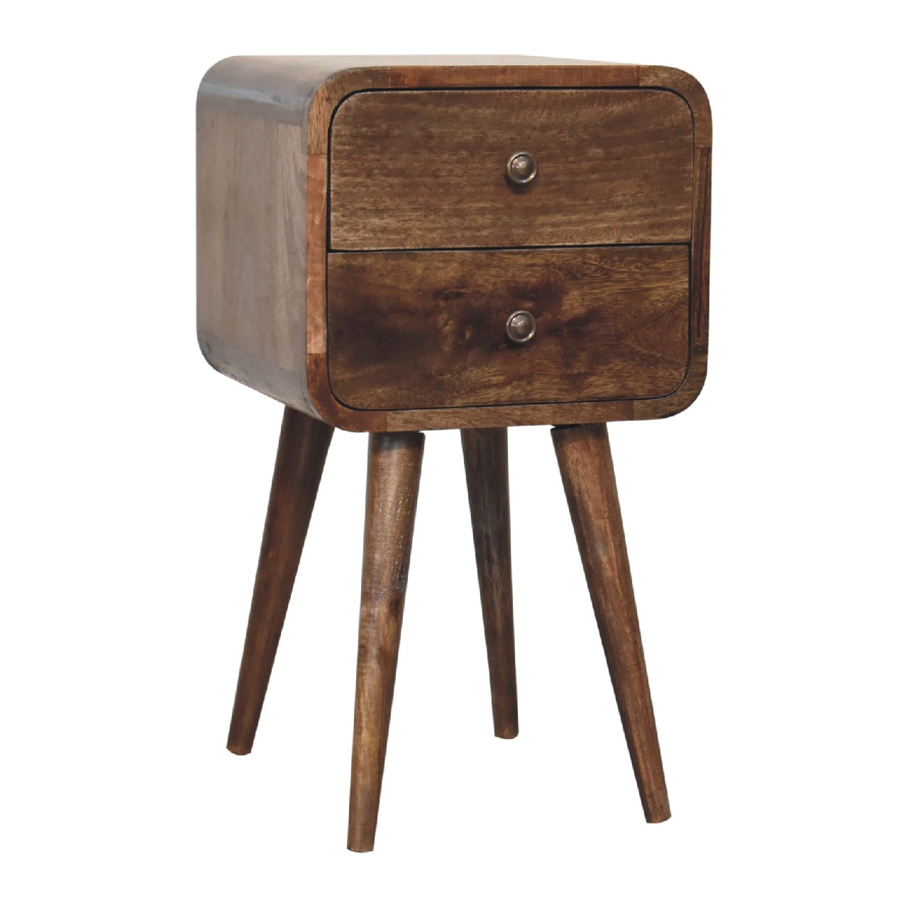 Solid Wood Mini Curved Grey Washed Nightstand, 2-Drawers, Nordic Legs, Brown