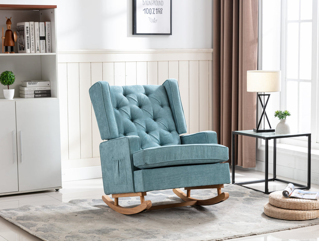 COOLMORE Nursery Rocking Chair Upholstered Mid Century Modern Rocker Oversized Armchair for Living Room with Solid Wood Base (Mint Green)