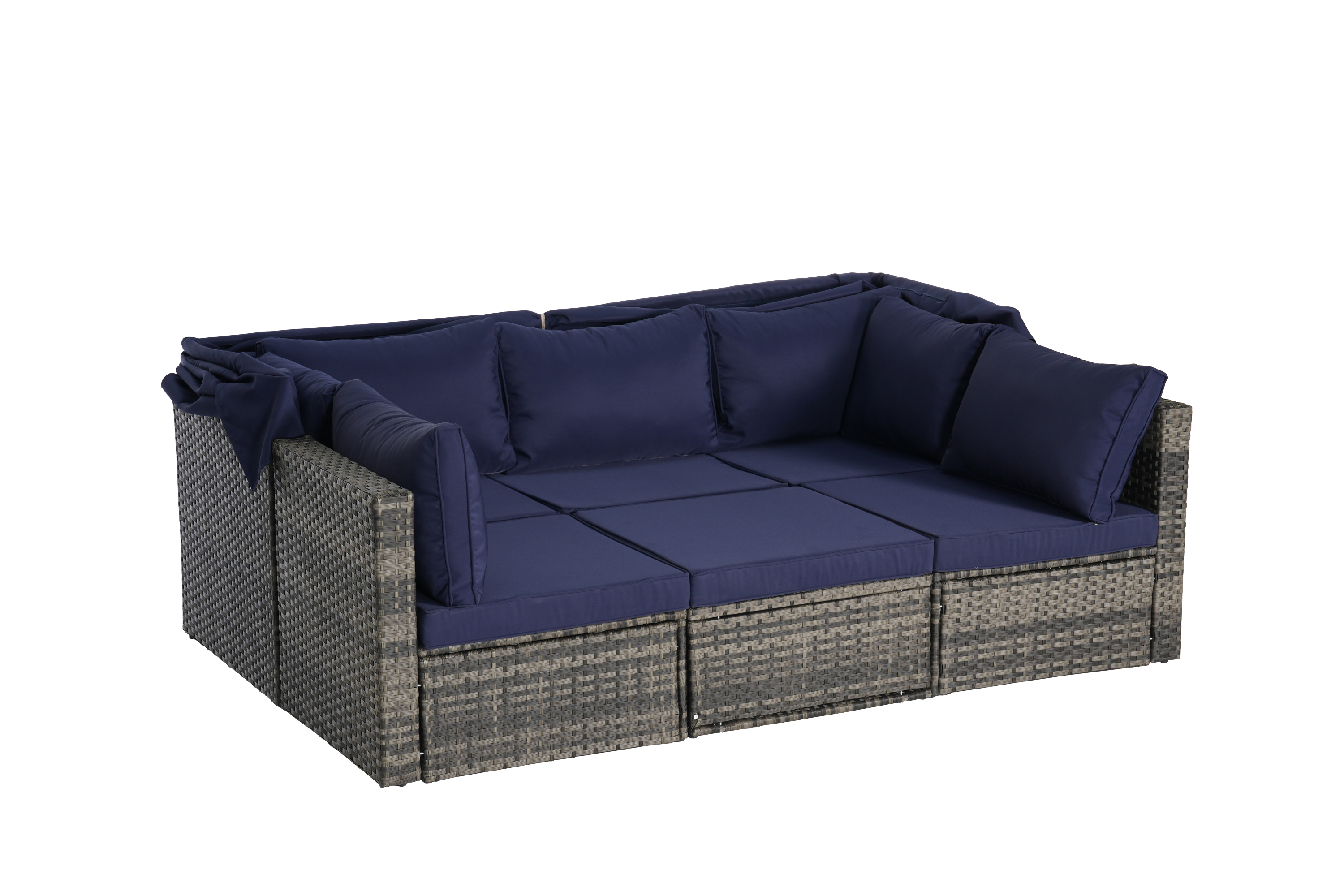 5 Pieces Outdoor Patio Wicker Daybed Furniture Set with Retractable Canopy, Storable Side Table, and Soft Cushions for Relaxing in Your Backyard or Porch