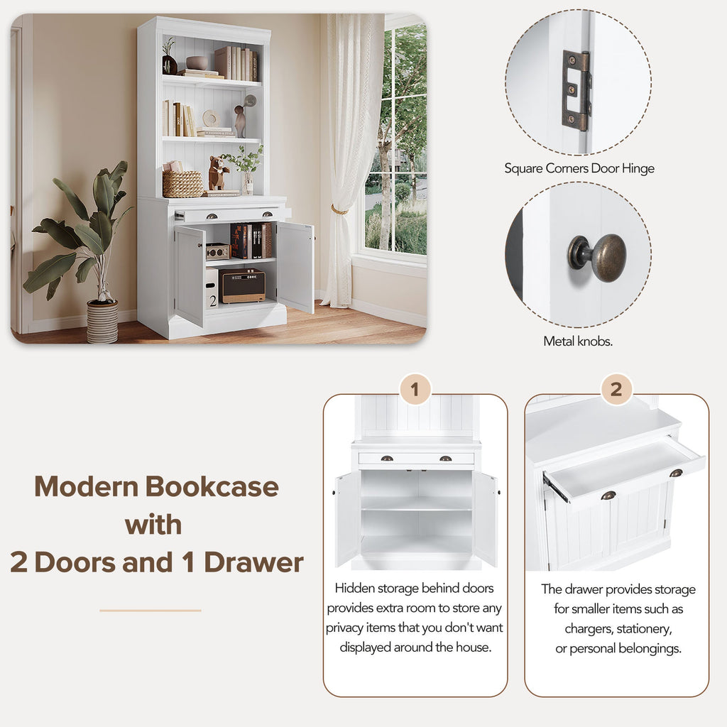 83.4"Tall Bookshelf Suite, Modern Bookcase Suite with LED Lighting,Doors and Drawers,2-Piece Set Storage Bookcase with Open Shelves for Living Room,Home Office,White