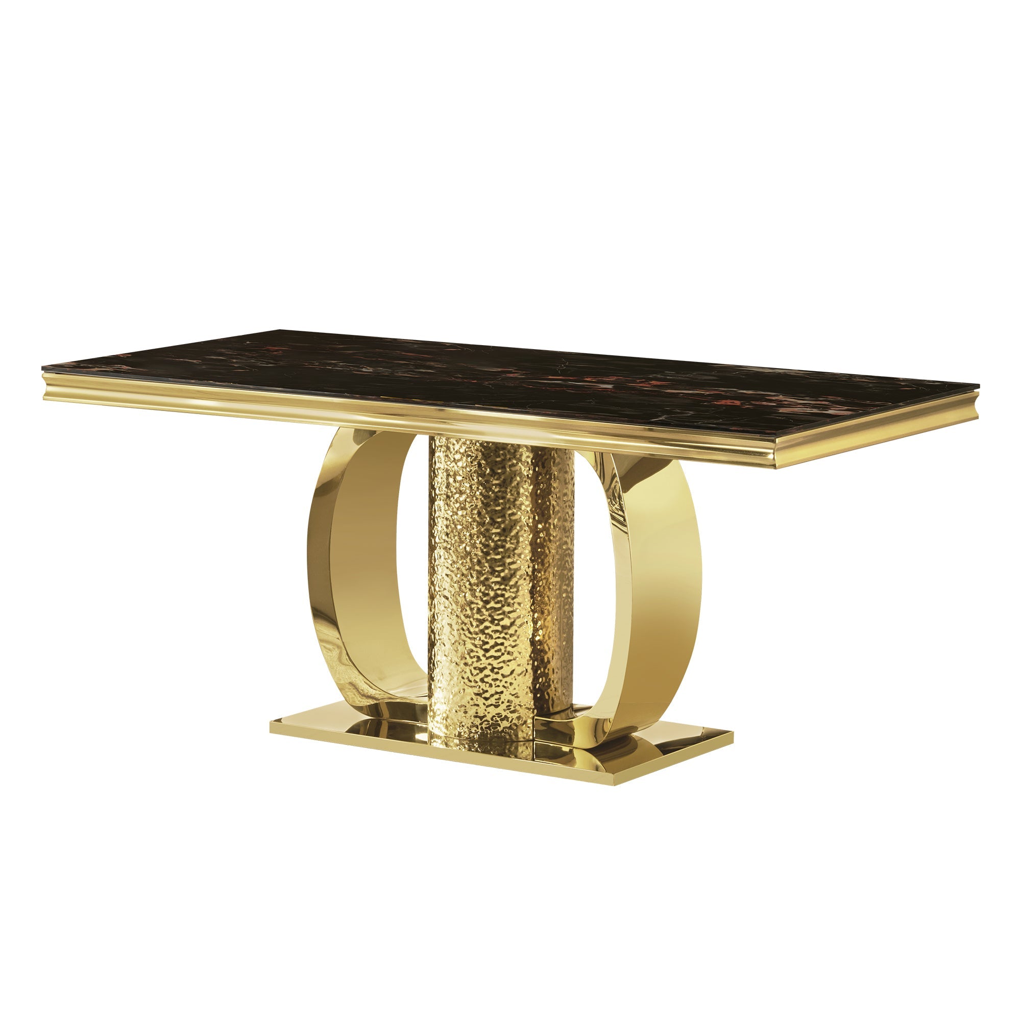 Gold stainless steel dining table  70.08 inch black tempered glass top with sticker