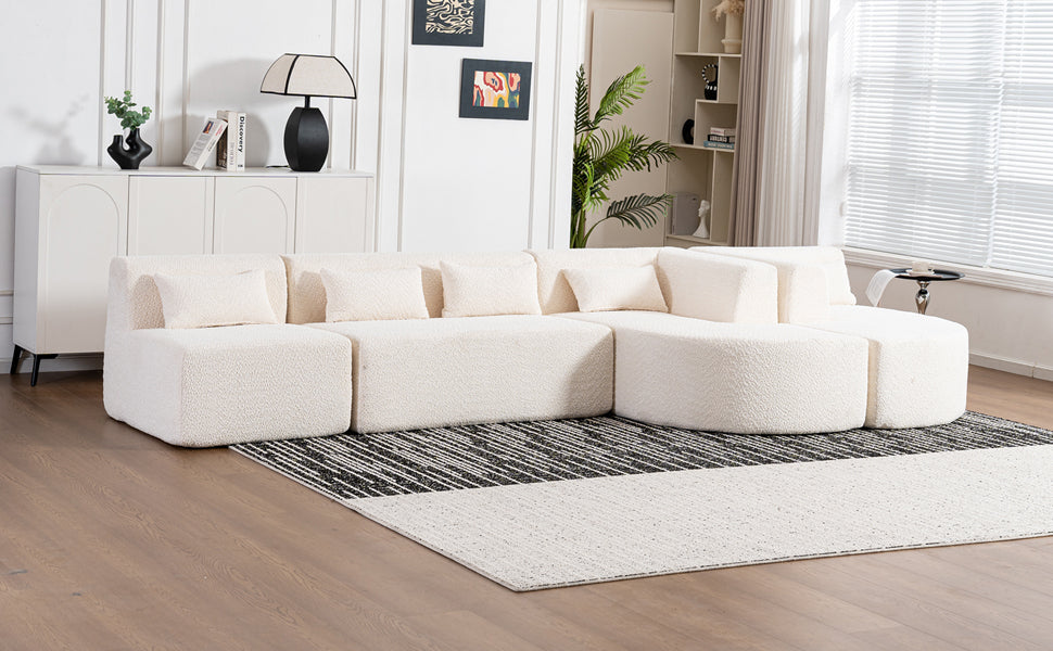 144' Upholstered Sofa Free-combined Sofa Couch with Two Chaise Lounge and Five Back Pillows for Living Room(Old SKU: N719S001600A), Beige