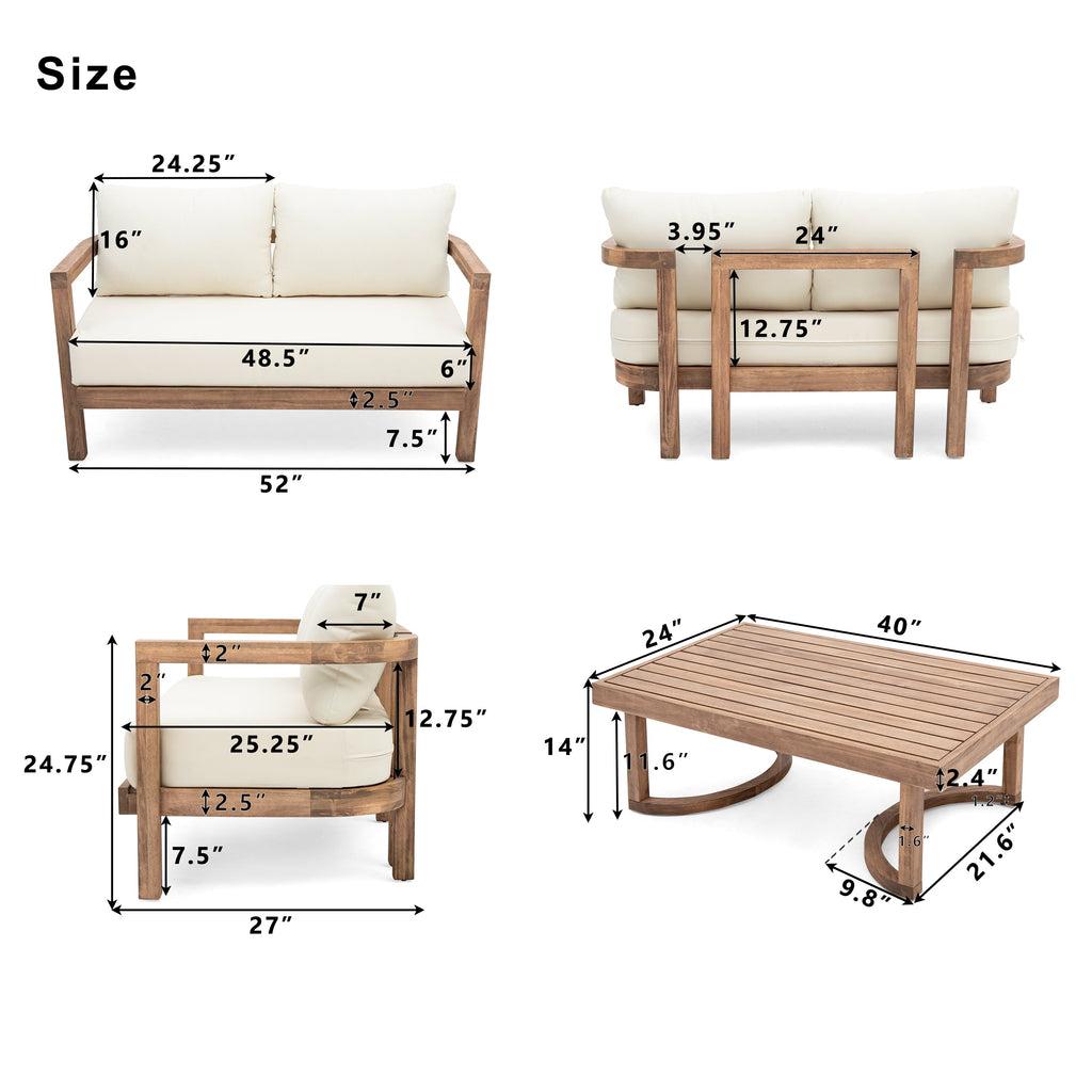 5-Pieces Acacia Wood Patio Furniture Set, Outdoor Furniture with Coffee Table, Patio Conversation Set Deep Seating with Soft Cushion, Porch Chairs for Garden, Backyard Porch Balcony, Brown wash, Beige