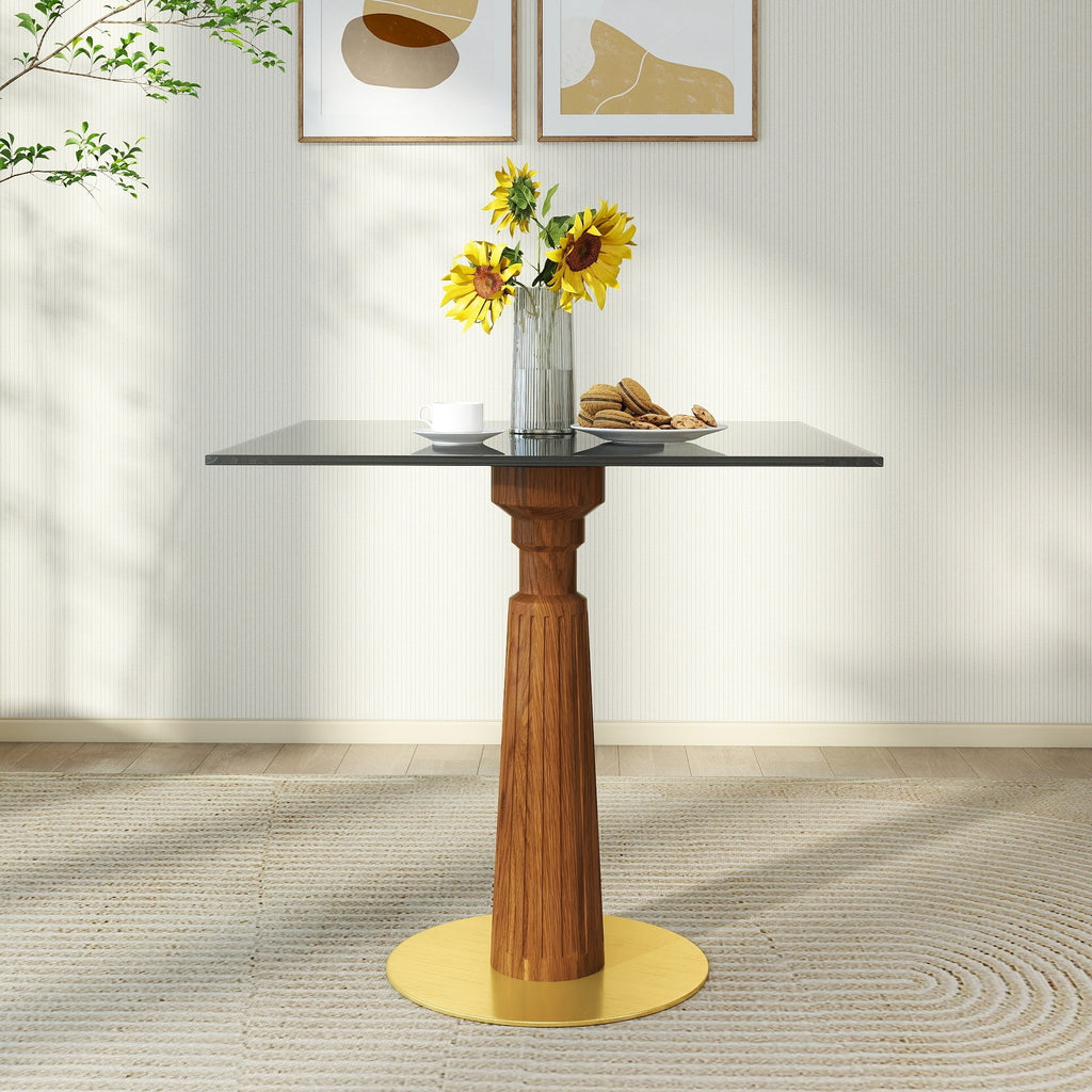 Modern Square Dining Table, 33.5' Tempered Glass Table with Wooden Leg & Gold Base, 2 - Person Kitchen Table for Small Space, 150lbs Weight Capacity(Only the Negotiation Table)