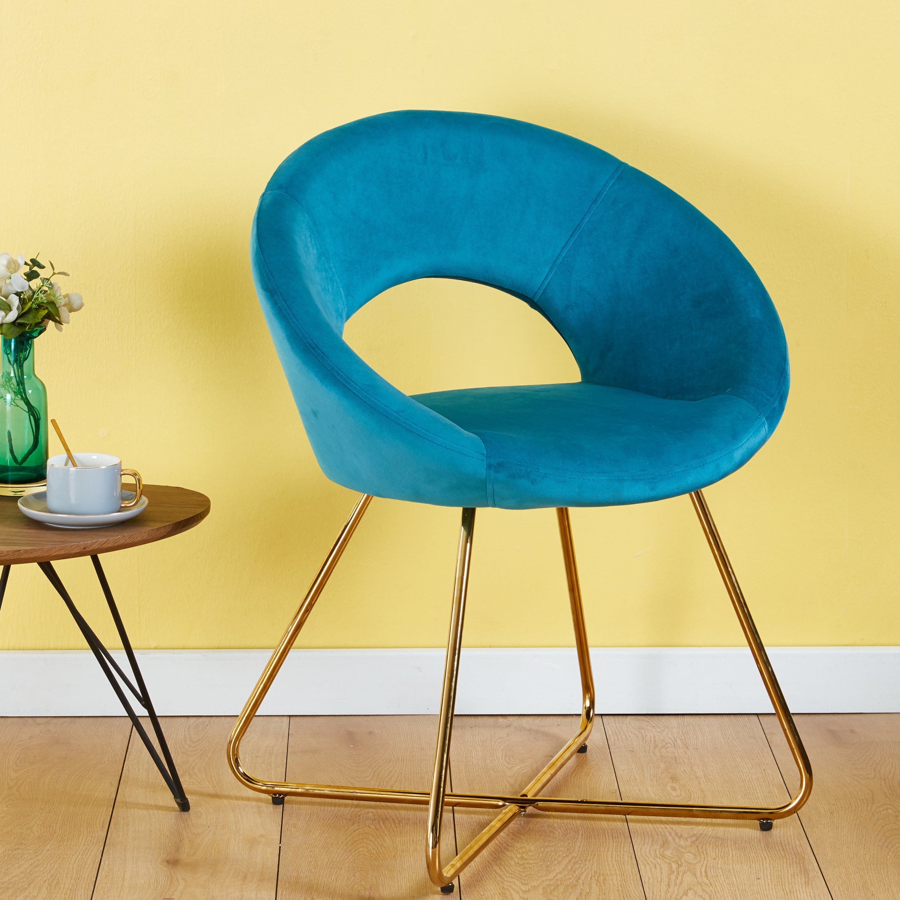 Modern Accent Velvet Chairs Set of 2 Dining Chairs Single Sofa Comfy Upholstered Arm Chair Living Room Furniture Mid-Century Leisure Lounge Chairs with Golden Metal Frame Legs