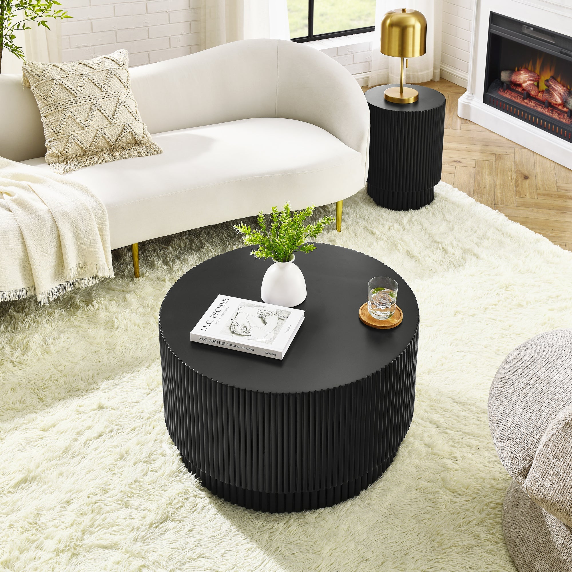 15.72-inch H-barrel coffee table, Nordic style, simple design, suitable for indoor and outdoor use, magnesium oxide material, suitable for living room, bedroom or garden sofa