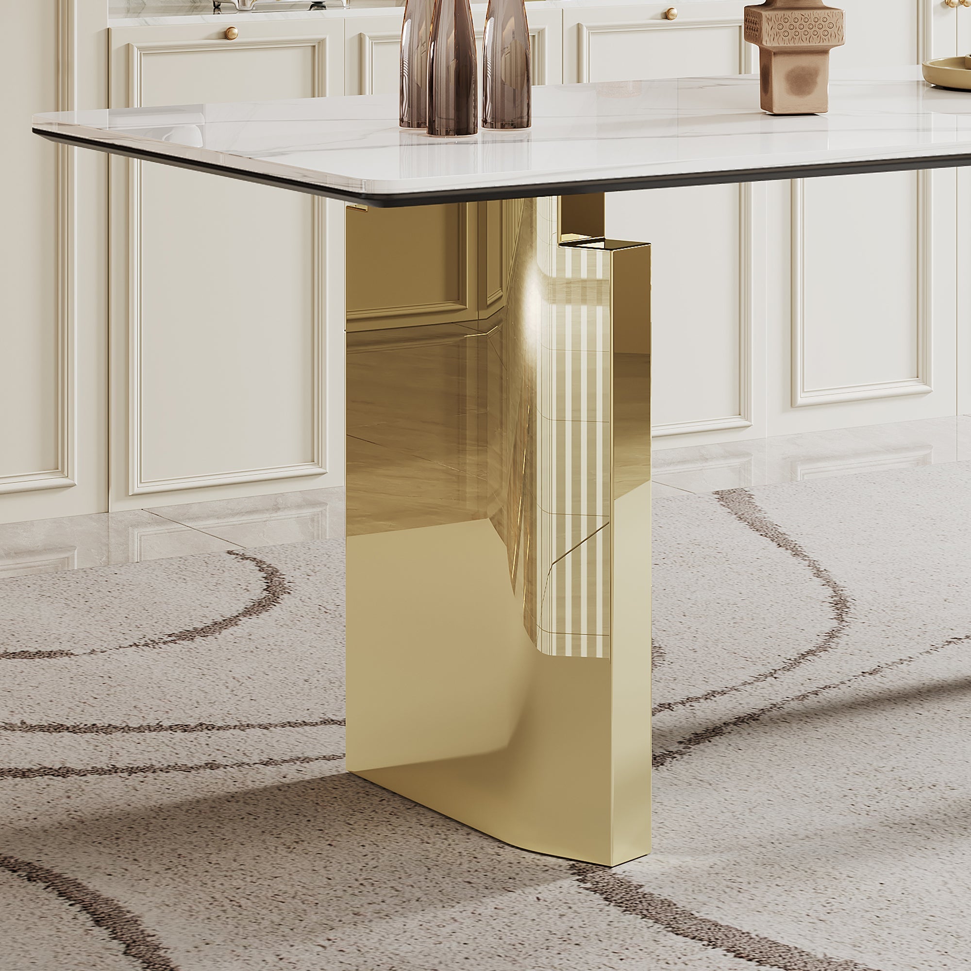 0.47' Thick Sintered Stone Composite Tempered Glass Top Rectangular Dining Table with Stainless Steel Base