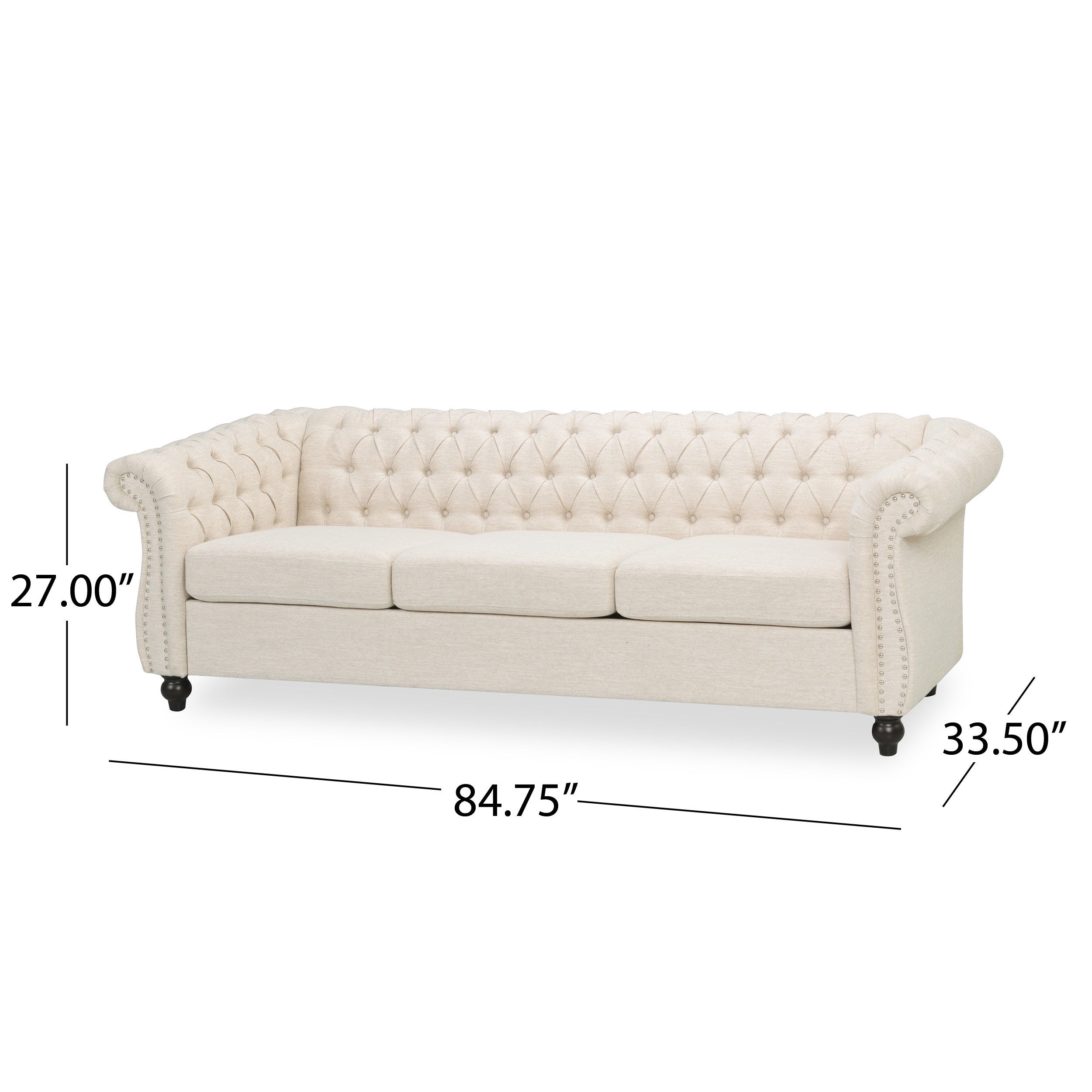 Chesterfield Style 3-Seater Sofa with Deep Button Tufting in Beige Fabric