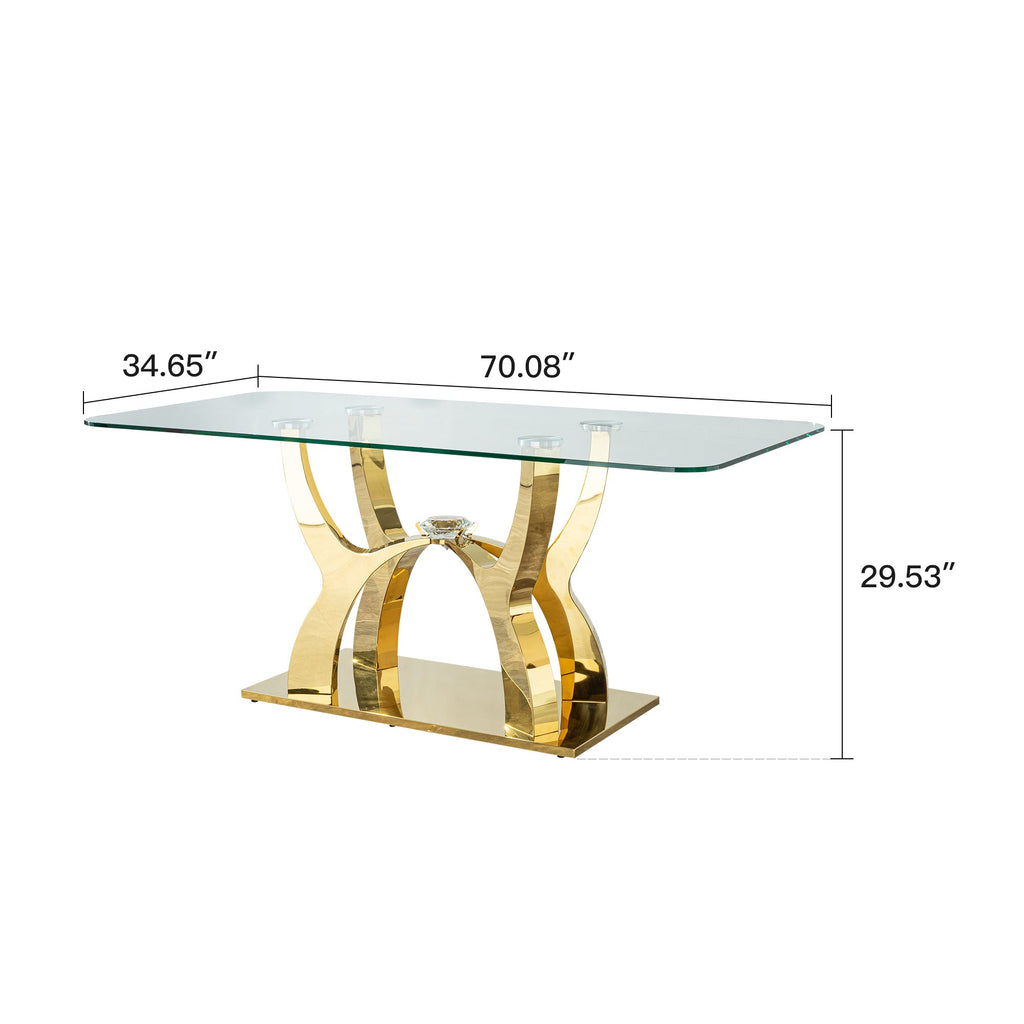 70.08 in. Tempered Clear Glass Rectangular Dining Table with Gold Stainless Steel Base, 0.47 in. Thickness