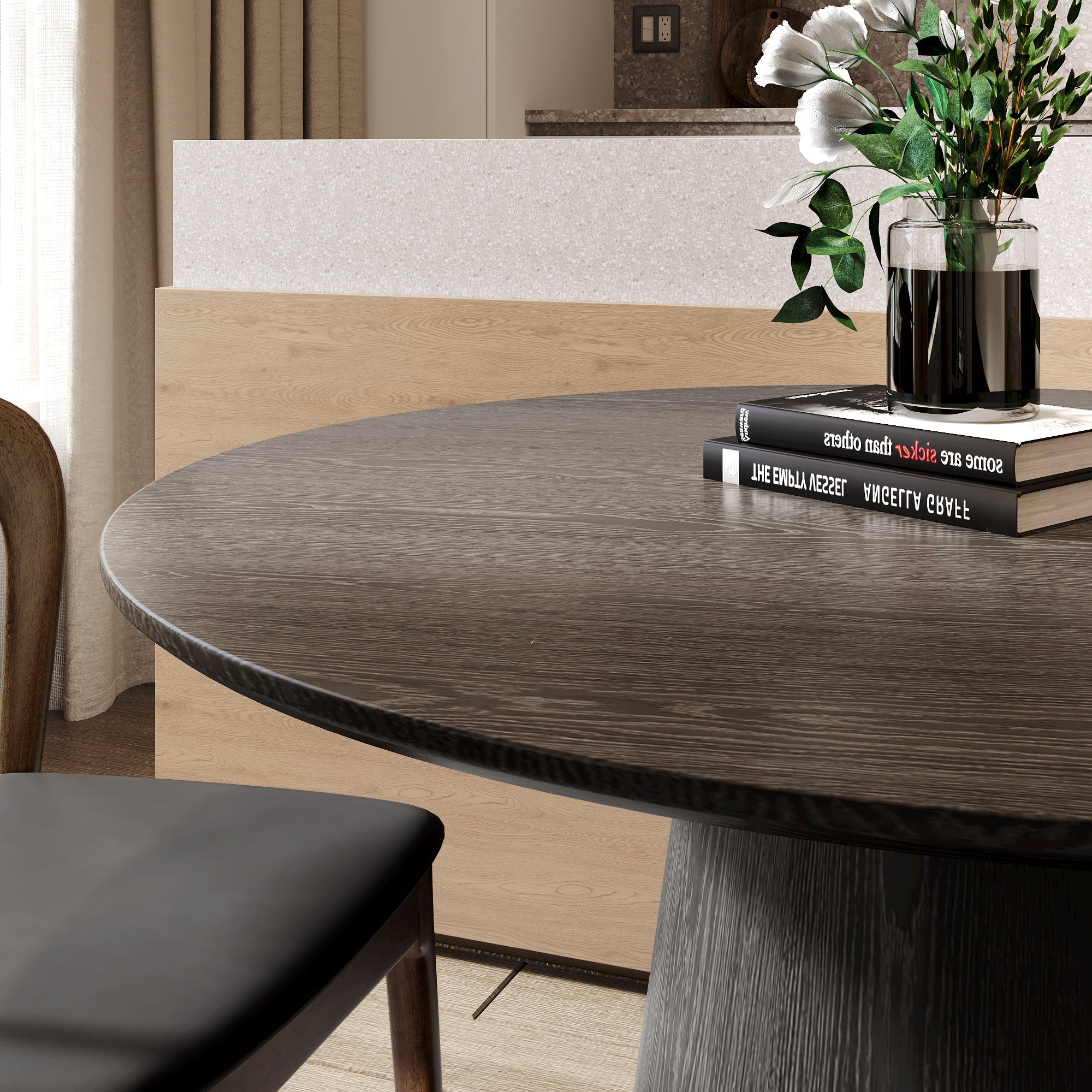43' Round Black Wood Small Dining Table with Solid Wood Tabletop For 2-4 People