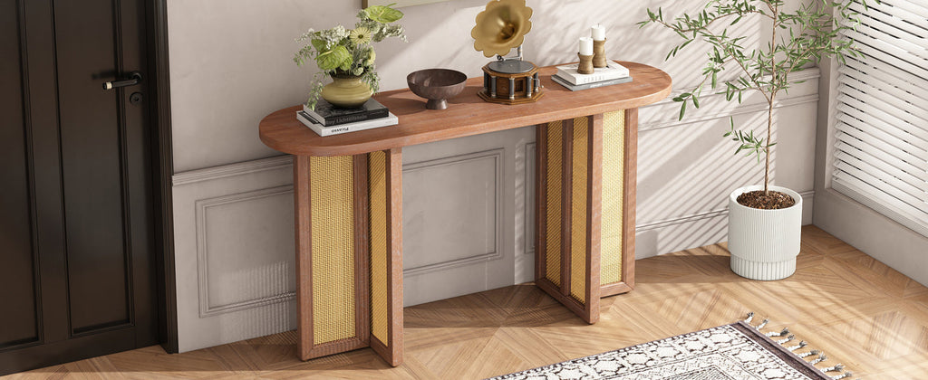 TREXM Farmhouse Rattan Console Table Entryway Table, Narrow Console Table with Storage, Hallway Table for Living Room, Entrance (Natural Wood Wash)