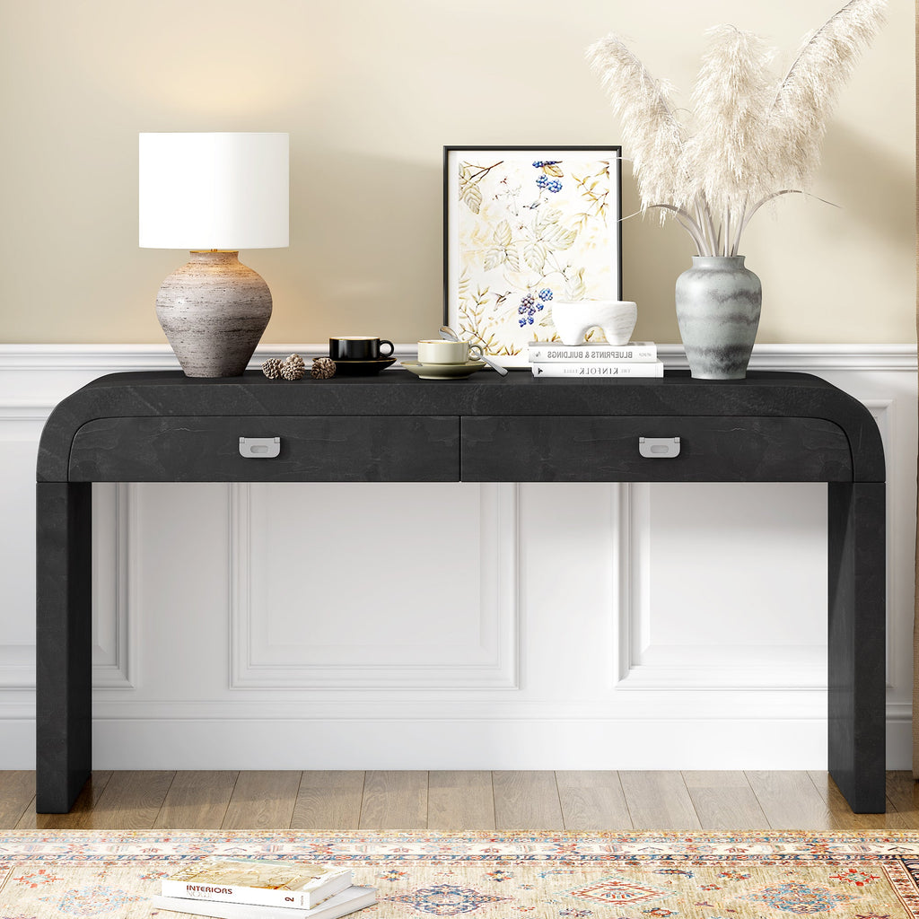 U_STYLE 60''Wooden Entryway Table with Burl Veneer, Console Table with 2 Large Drawers and Metal Handles,Multi-Functional Sofa Table with 2 Sturdy Legs,Suitable for Living Room, Foyer,Hallway, Office