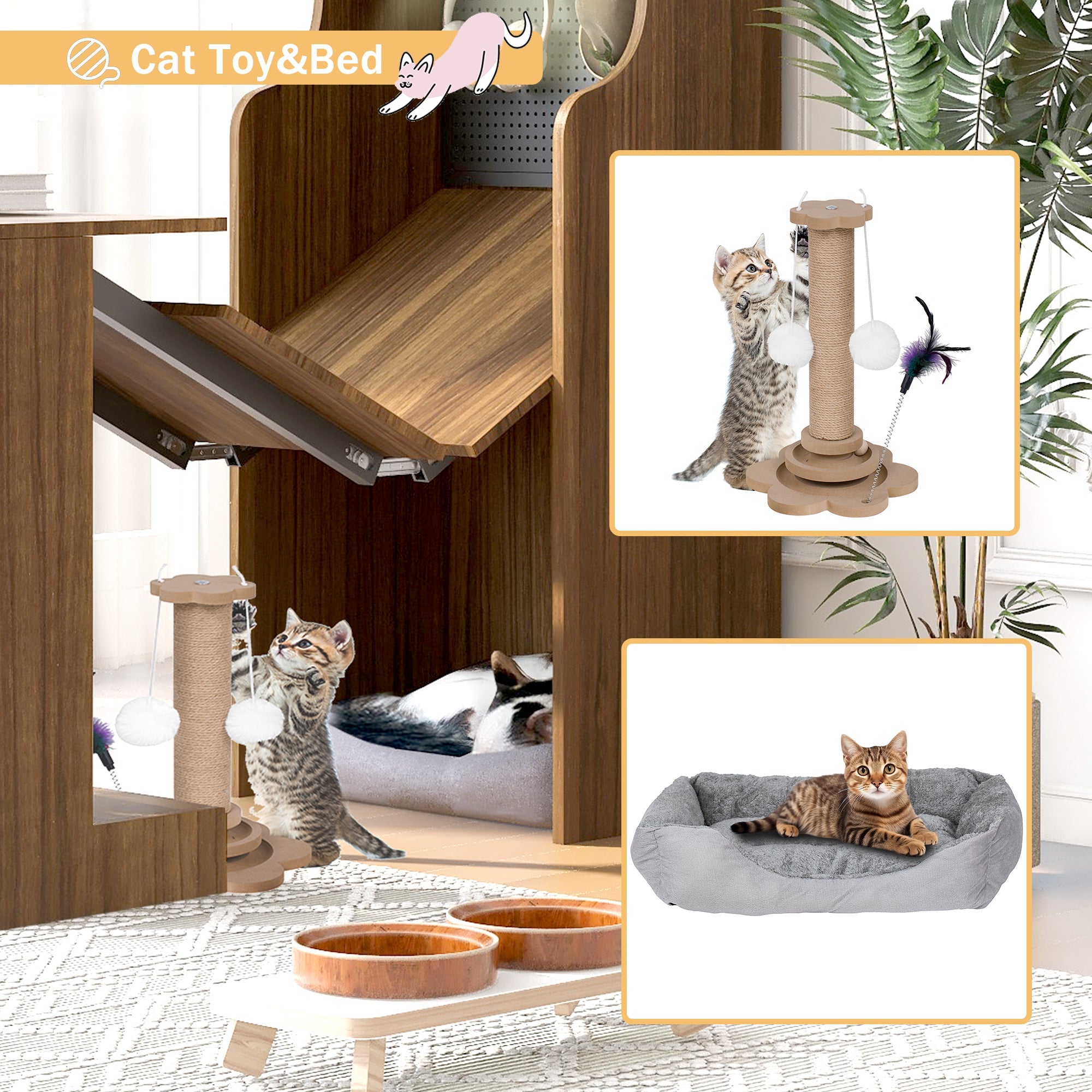 Modern Wooden Foldable Desk with Hutch & Storage, Home Office Pet-friendly Gaming Desk with Shelves, Space-Saving Workstation with Free Cat Bed & Scratching Post