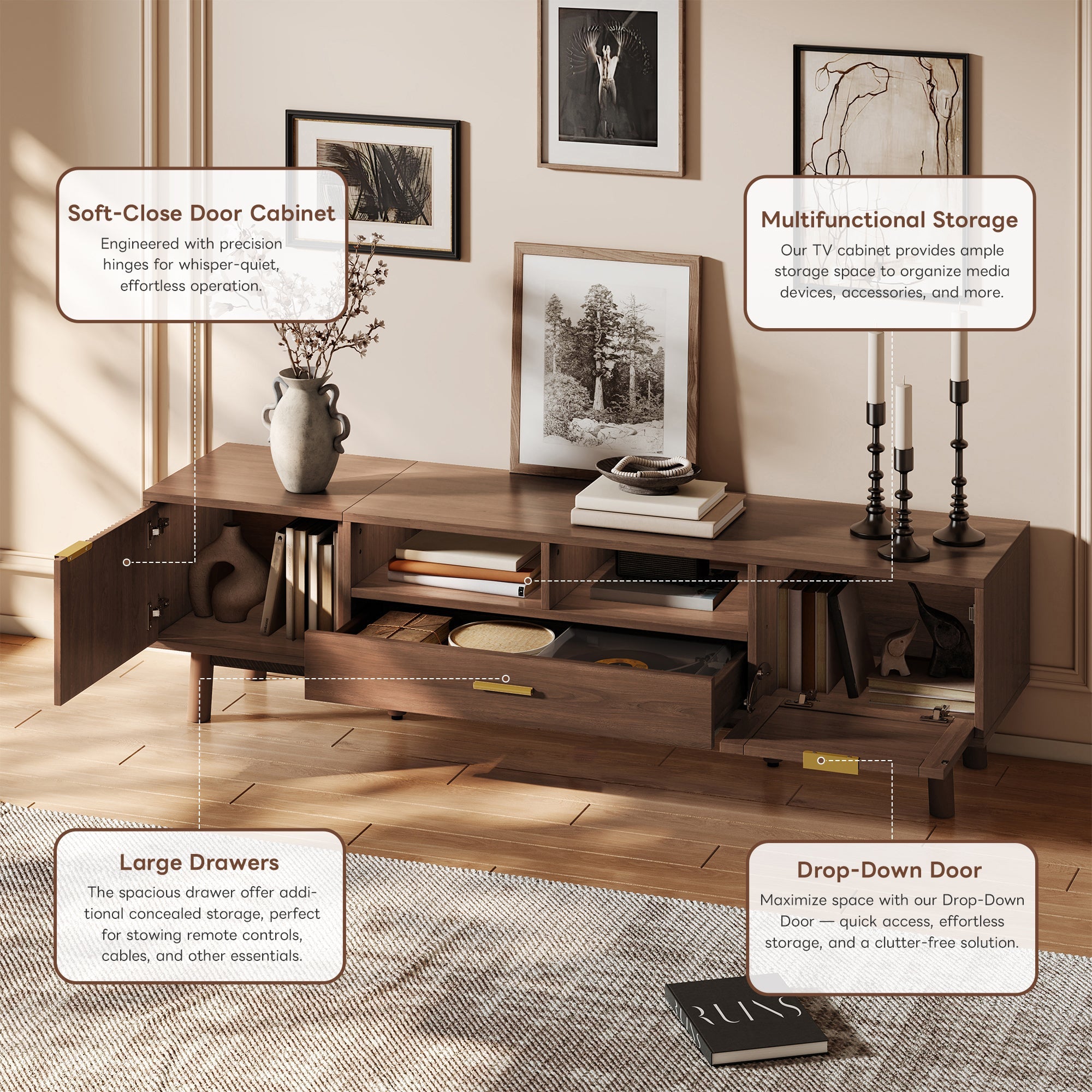 Wood Fashionable TV Stand for 75' TVs, TV Cabinet with Soft-Closing Door and Drop-Down Door Cabinet, Modern TV Consoles for Living Room, Bedroom