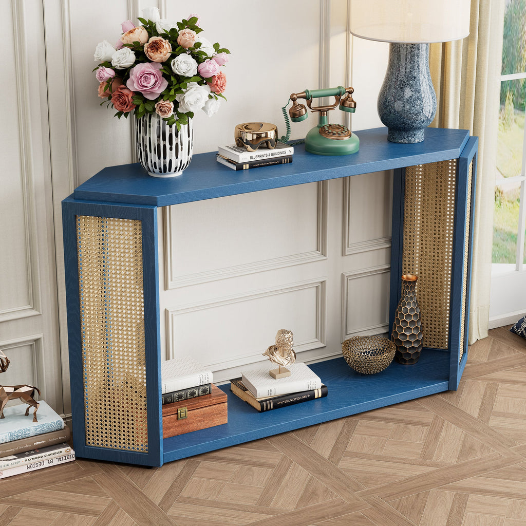 TREXM Narrow Console Table with Unique Irregular Top Design, Entryway Table with Open Shelf, Rattan Sofa Table for Living Room Hallway and Entrance (Antique Blue)