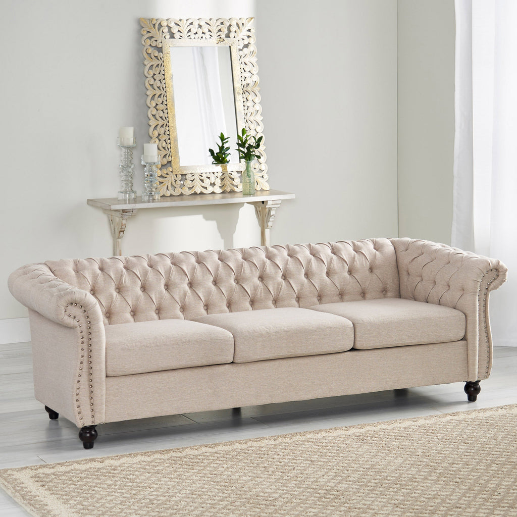 Chesterfield Style 3-Seater Sofa with Deep Button Tufting in Beige Fabric