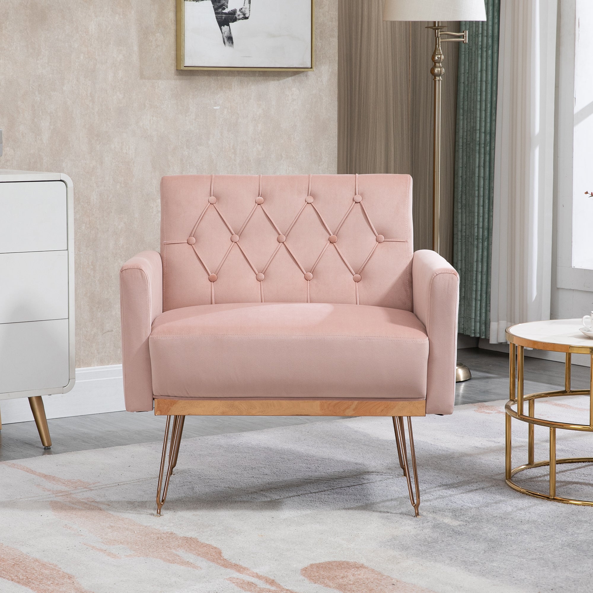 COOLMORE Velvet Armchair Single Sofa Modern Tufted Upholstered Side Reading Chairs with Arm and Gold Metal Leg for Living Room Bedroom (Pink)