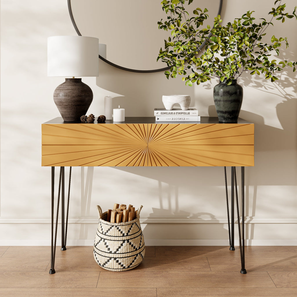 Mordern Farmhouse Wood 39.4' Console Table -  Black & Gold with 2 Drawers and Storage for Entryway