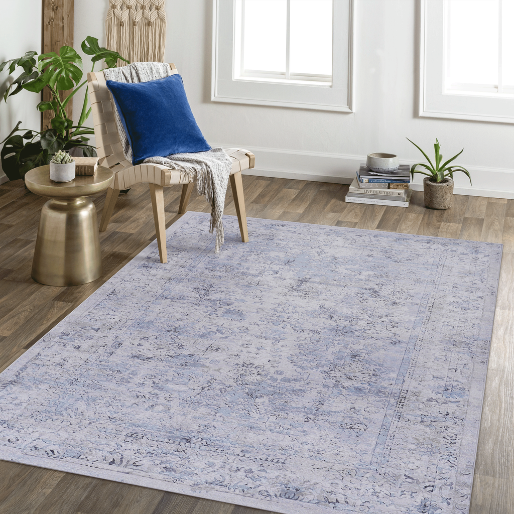 Area Rug 3x5, Washable Rug, Low-Pile, Non-Slip, Non-Shedding, Foldable, Kid & Pet Friendly - Area Rugs for living room, bedroom, kitchen, dining room rug - Perfect Gifts, (Blue+Cream, 3' x 5')