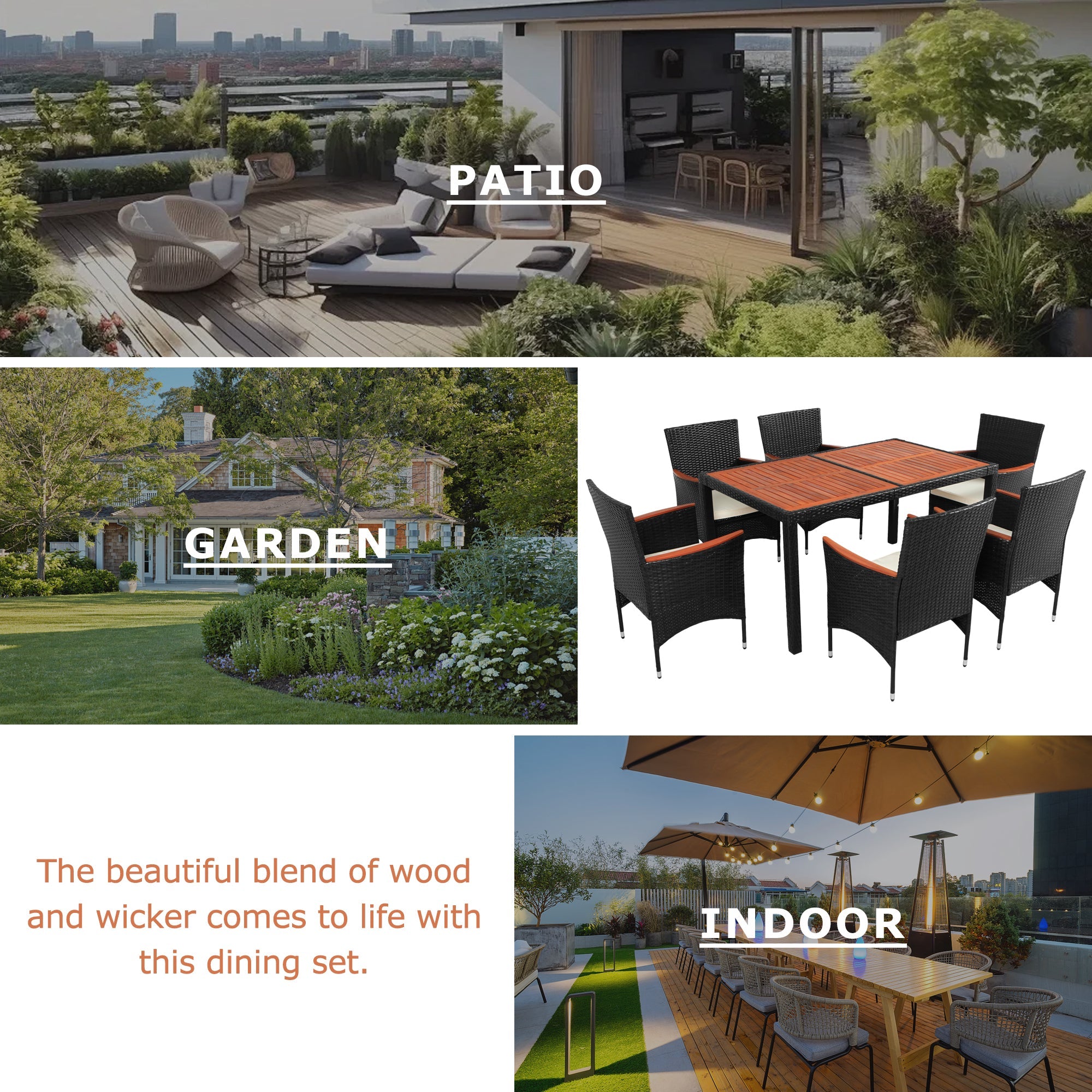 7-Piece Outdoor Patio Dining Set, Garden PE Rattan Wicker Dining Table and Chairs Set, Acacia Wood Tabletop, Stackable Armrest Chairs with Cushions, Reddish-brown
