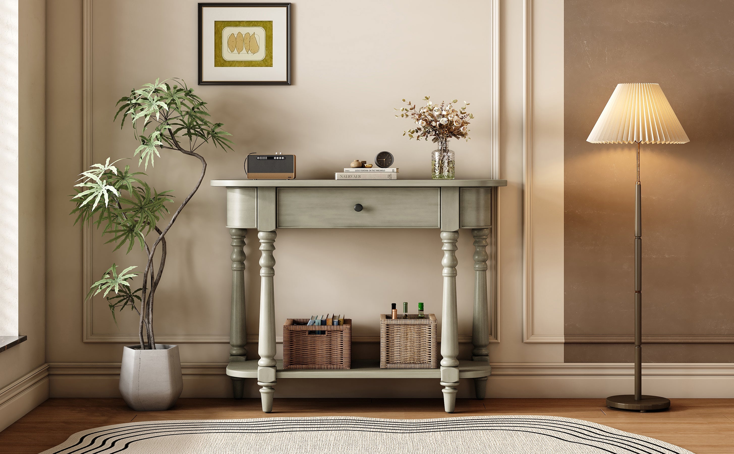 TREXM Narrow Console Table with Curved Corner, Retro Entryway Table with Top Drawer and Open Shelf, Sofa Table Console Tables for Entryway, Hallway and Living Room (Gray)