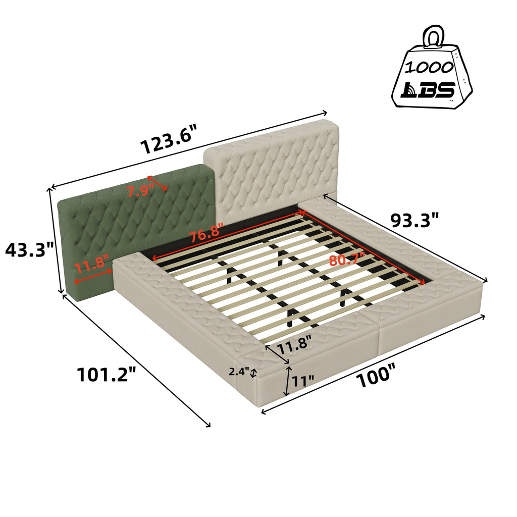 Contemporary Special-shaped Fully Upholstered Bed with Deep Button Tufting and Storage Compartments in Rails and Footboard,No Box Spring Needed,King,Beige