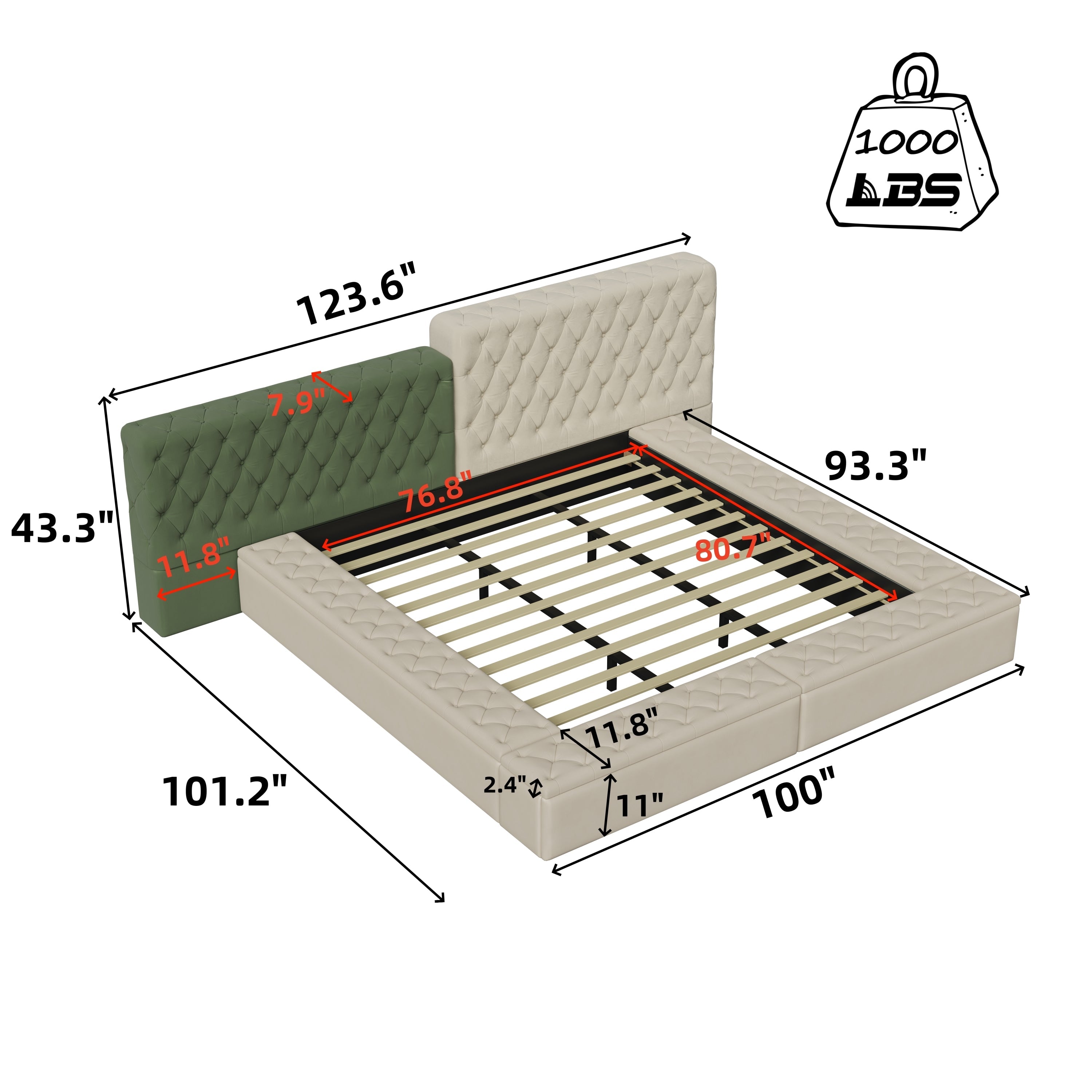 Contemporary Special-shaped Fully Upholstered Bed with Deep Button Tufting and Storage Compartments in Rails and Footboard,No Box Spring Needed,King,Beige
