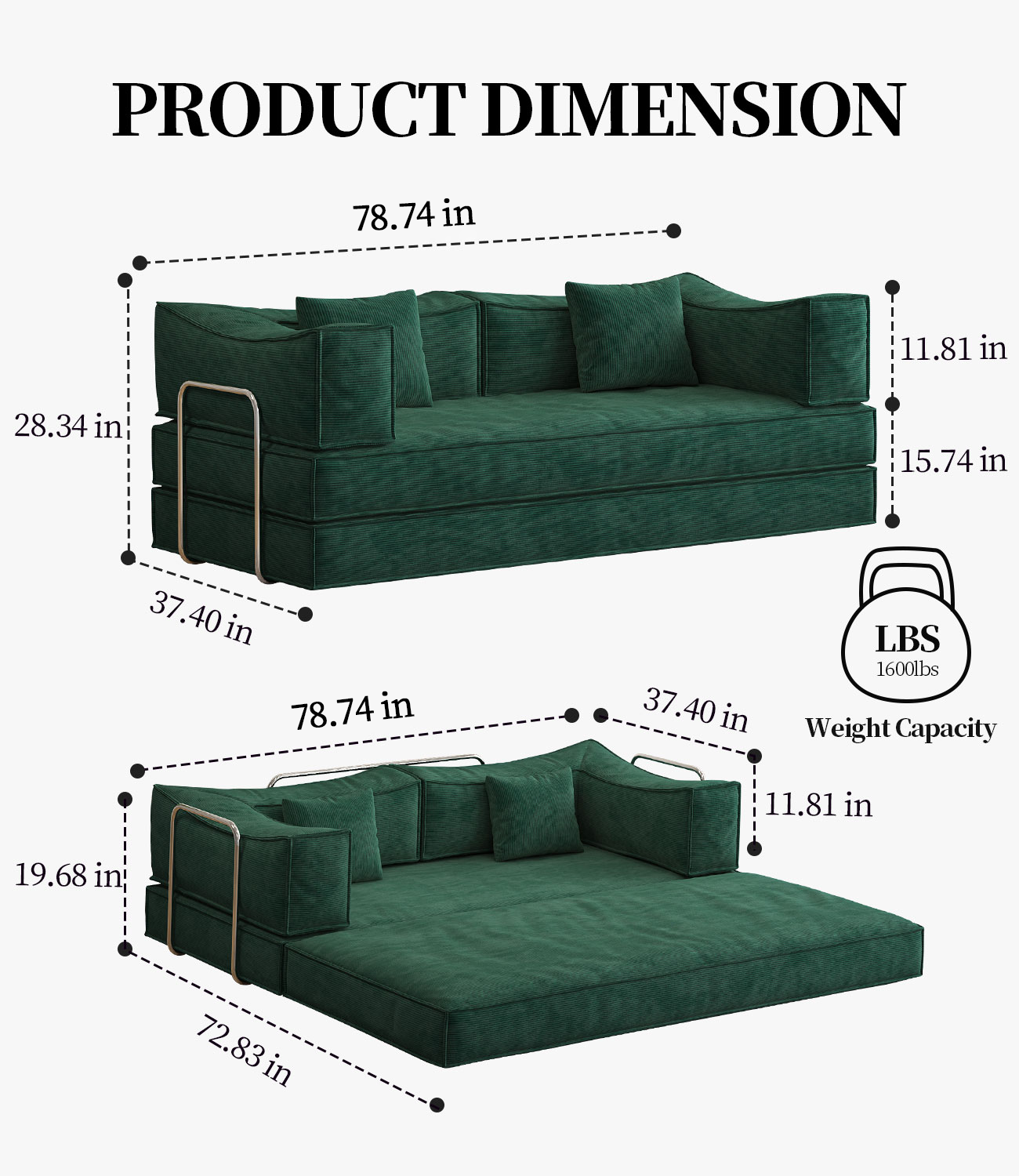78.8 inch  Modular sofa, convertible pudding block sofa, floor-standing sofa bed with armrests and comfortable sofa bed, compression sofa for living room and bedroom -  (Green)
