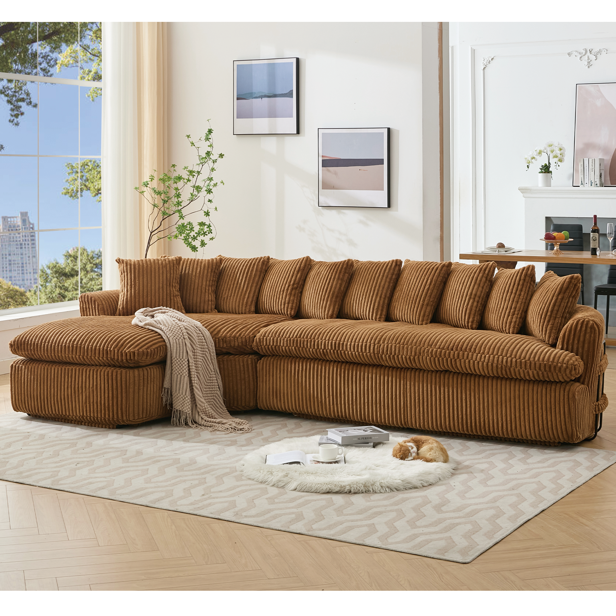 127''  Large Sectional Sofa ,Elegant Curved Design ,High-Resilience Foam ,Ten Back Cushions,L-Shape Left Sofa,No Assembly  Required , (Brown-Soft Corduroy Fabric)