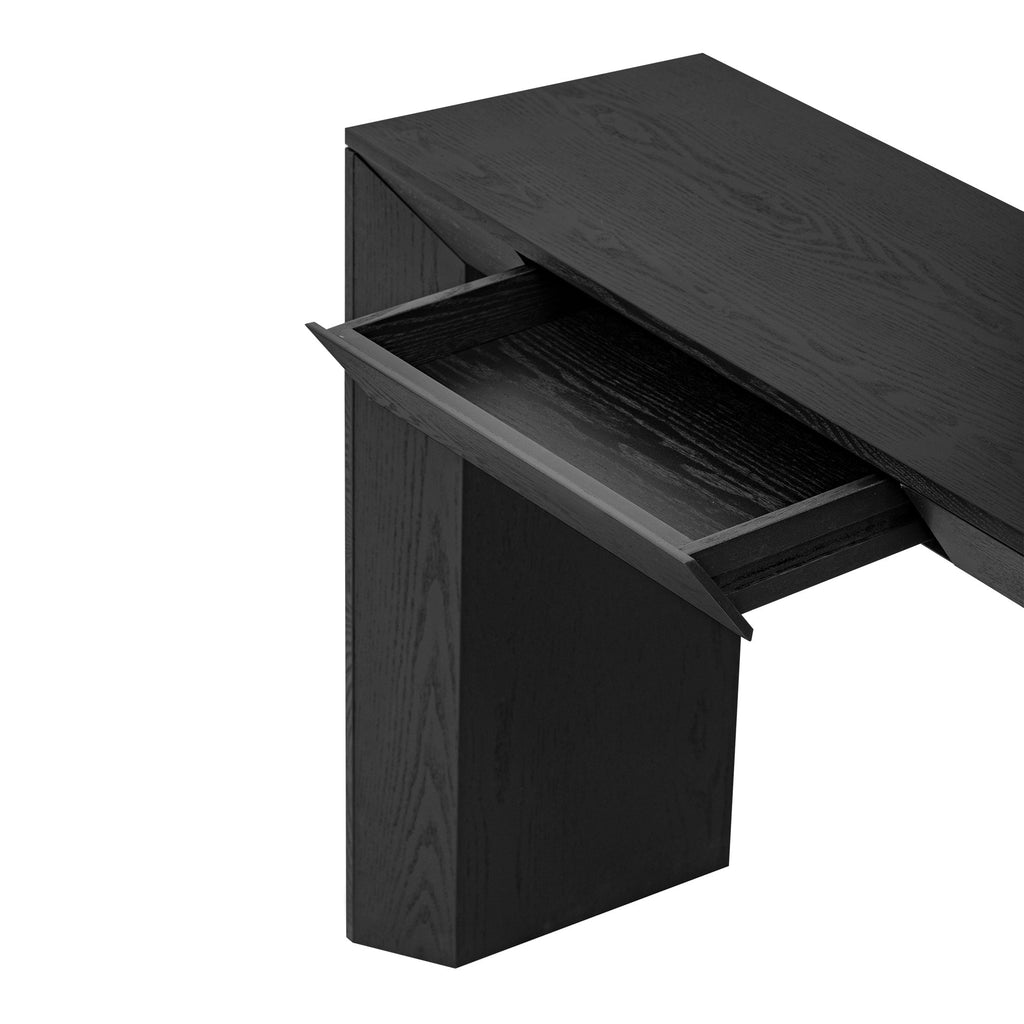 TREXM 60' Modern Farmhouse Console Table with 2 Concealed Drawers, Waterfall Design Entryway Table with Thickened Legs & Rustic Wood Grain for Living Room, Entryway & Hallway (Black)