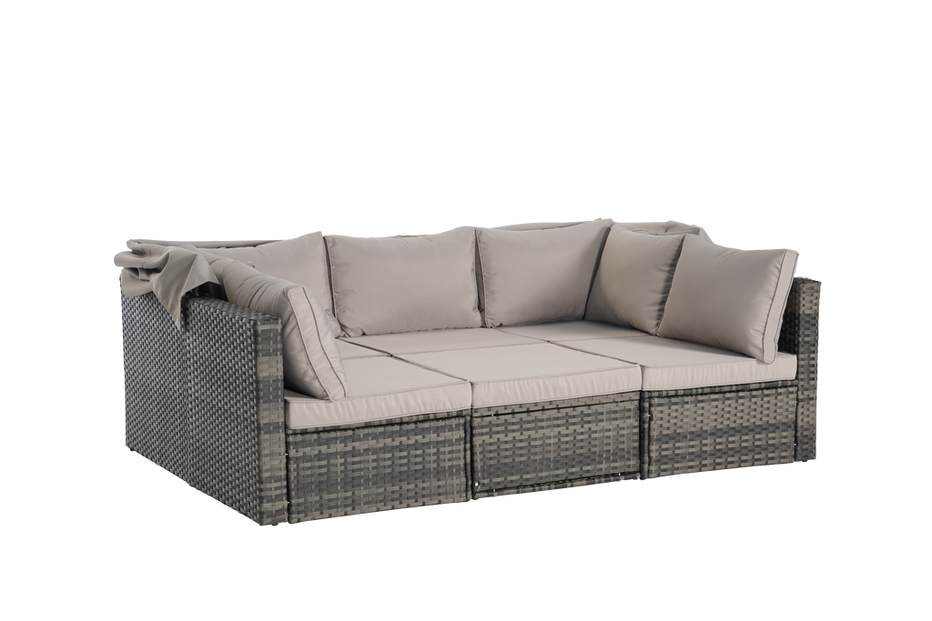 5 Pieces Outdoor Patio Wicker Daybed Furniture Set with Retractable Canopy, Storable Side Table, and Soft Cushions for Relaxing in Your Backyard or Porch
