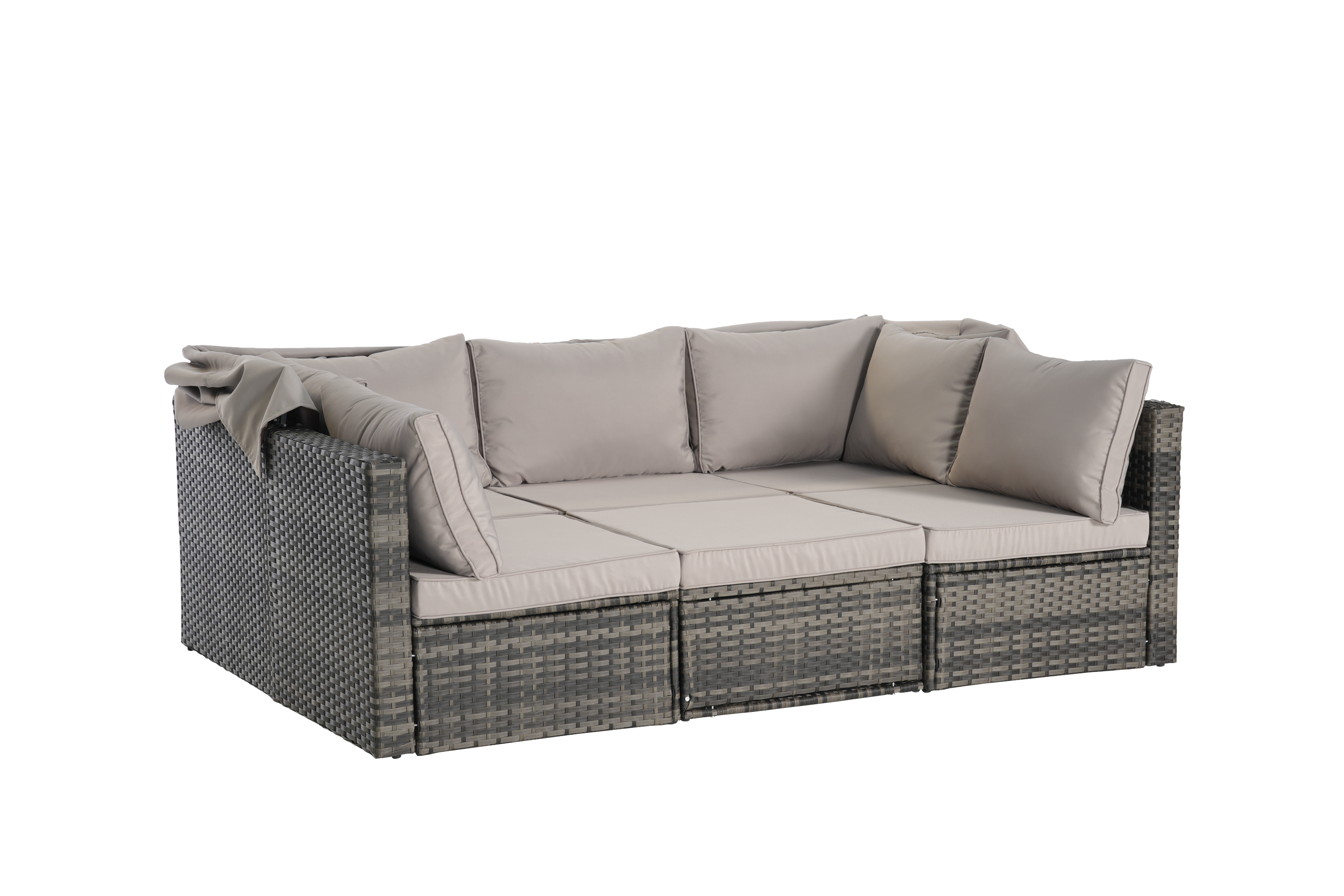 5 Pieces Outdoor Patio Wicker Daybed Furniture Set with Retractable Canopy, Storable Side Table, and Soft Cushions for Relaxing in Your Backyard or Porch