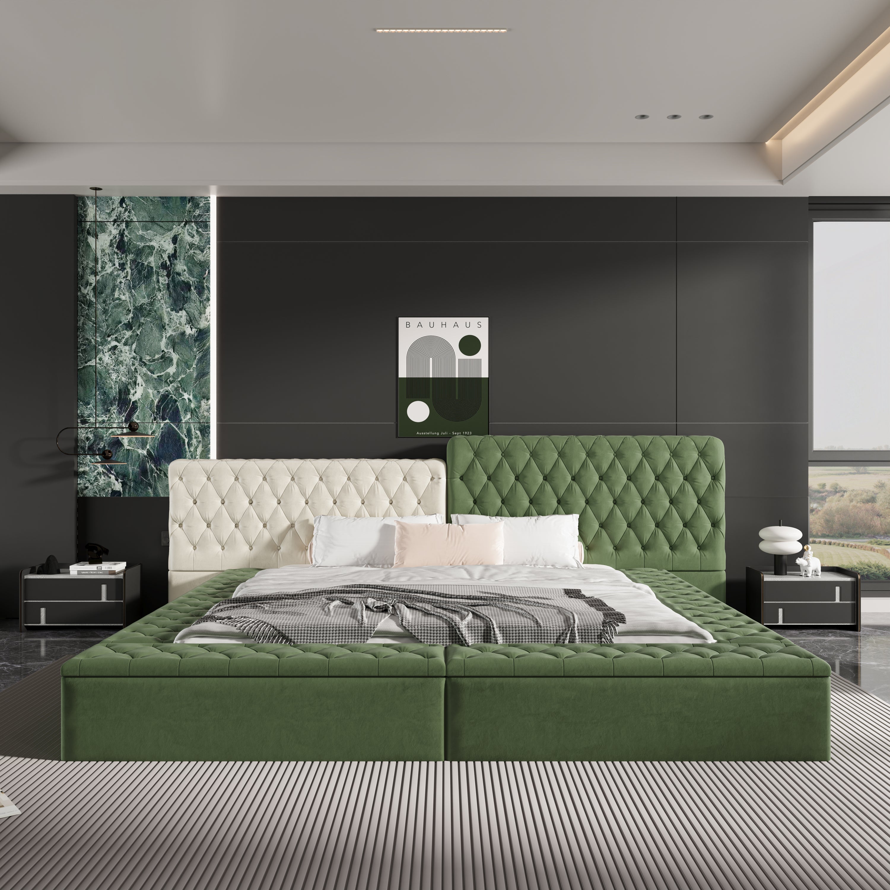 Contemporary Special-shaped Fully Upholstered Bed with Deep Button Tufting and Storage Compartments in Rails and Footboard,No Box Spring Needed,King,Green