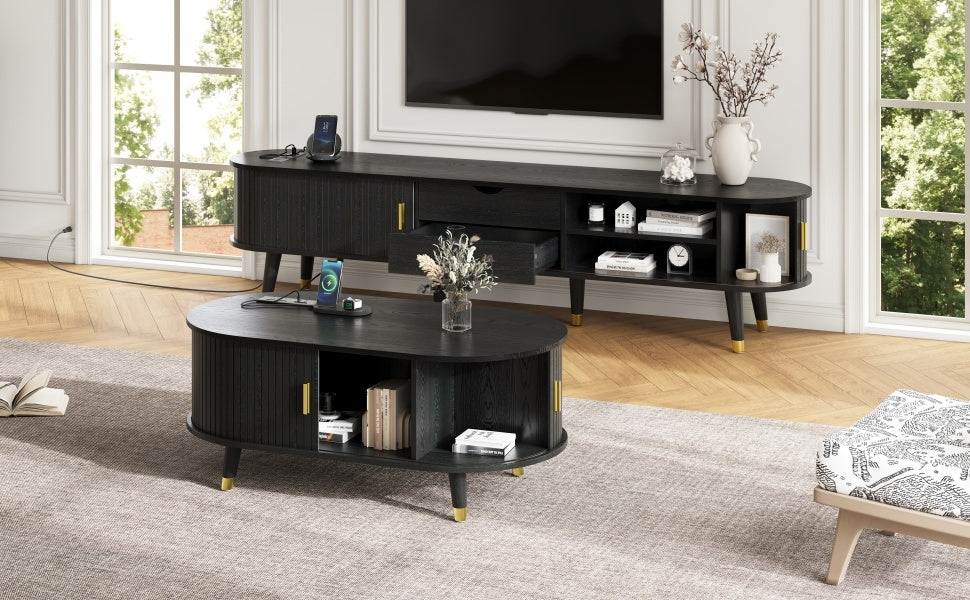 Wooden Farmhouse TV Stand & Coffee Table Set with Charging Station, Oval Fluted Media Console with Sliding Doors for TVs up to 80', Mid-Century Center Table with Solid Wood Legs for Living Room,Black