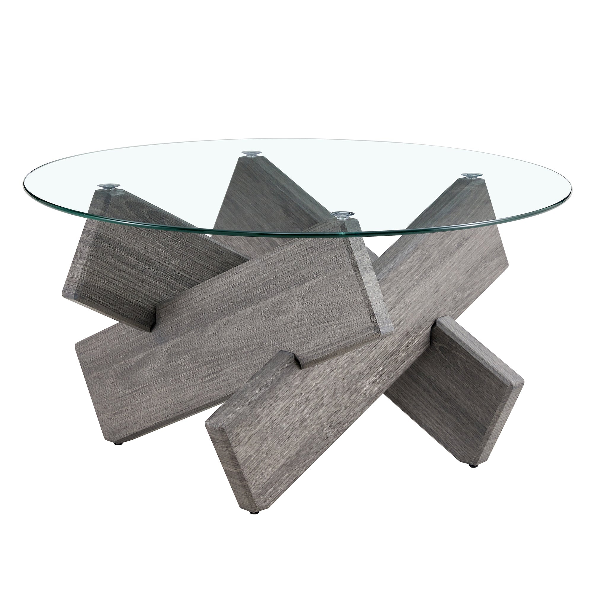 Round glass coffee table, 33.4" modern design unique coffee table. Tempered glass top with grey patterned MDF legs. Suitable for living and dining rooms