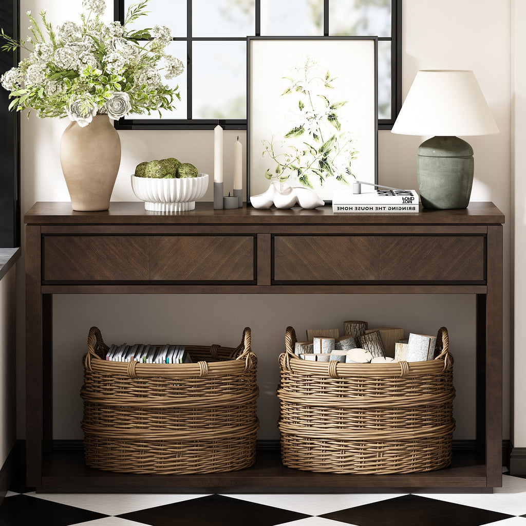 TREXM 55' Console Table, Rustic Wooden Entryway Table with Storage Drawers and Open Shelf, Elegant Sofa Table for Hallway and Living Room (Brown)
