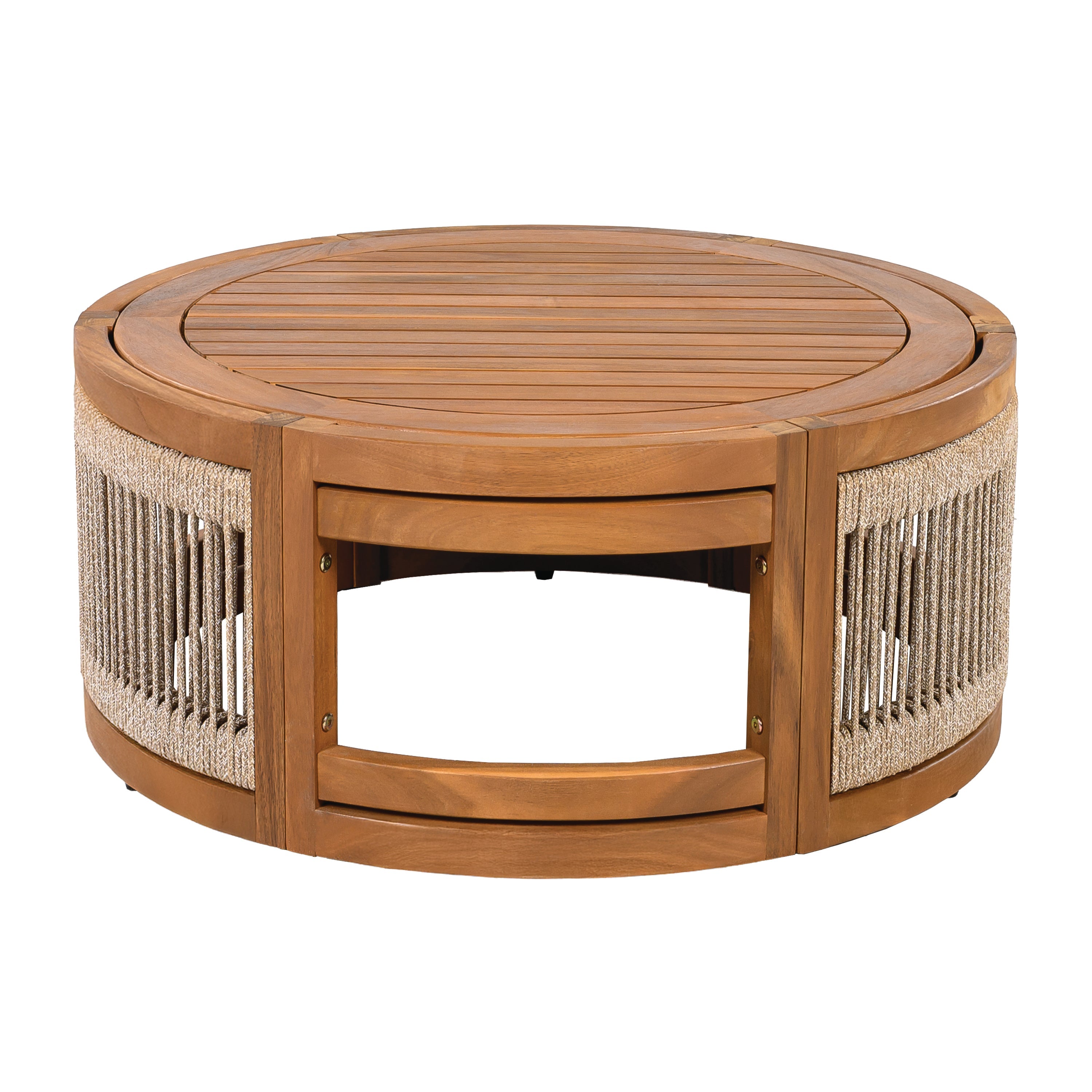 27.95' Acacia Wood Outdoor Coffee Table - Handwoven Rope Accent Boho Patio Table with All-Weather Durability
