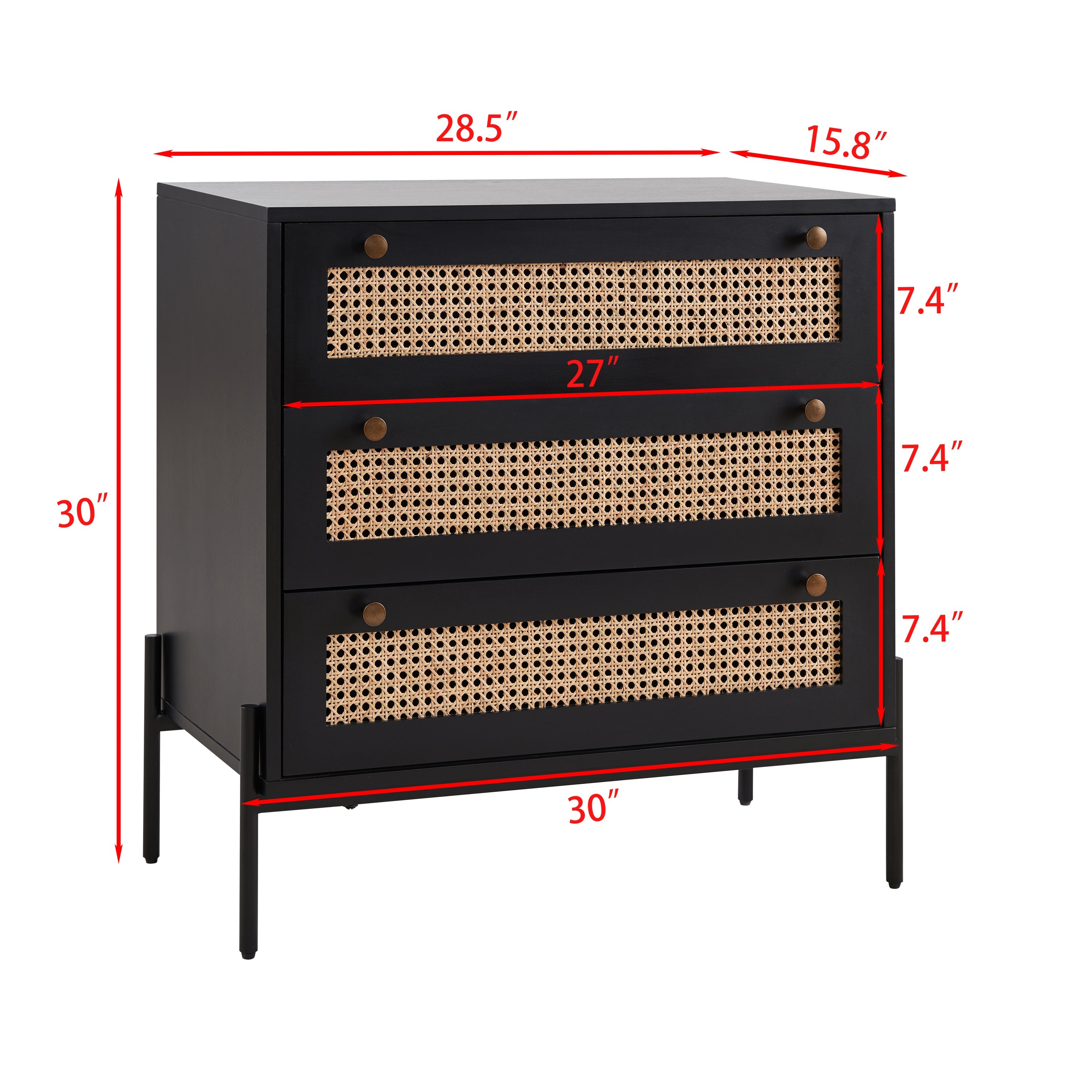 Rattan Storage Cabinet with 3 Large Drawers, Boho Mid-Century Wooden Nightstand Drawer Dresser, Sideboard Buffet Cabinet with Storage for Living Room Dining Room Hallway Bedroom, 30×15.8×30 Inches